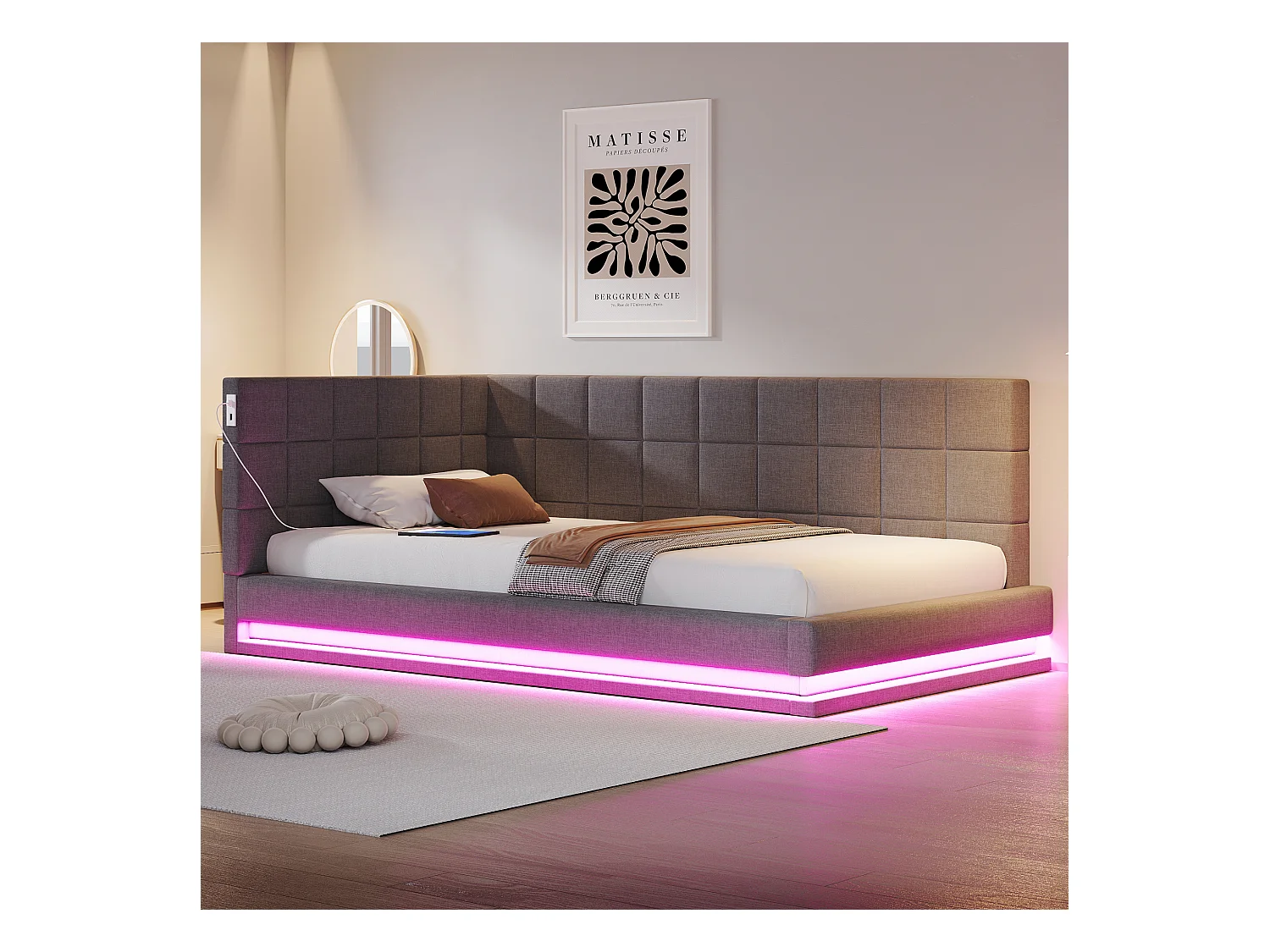 Lit enfant 90 x 200 cm - Lit simple avec lumière LED et chargement USB - velours gris