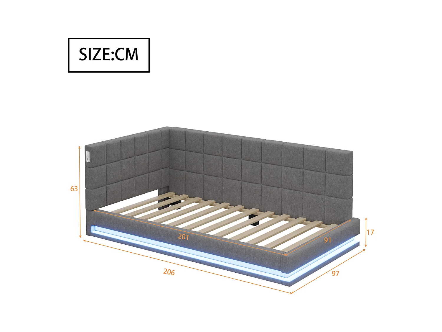 Lit enfant 90 x 200 cm - Lit simple avec lumière LED et chargement USB - velours gris