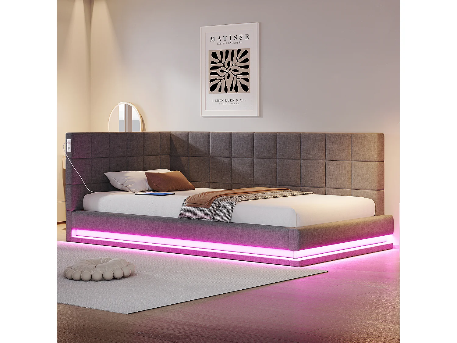 Lit enfant 90 x 200 cm - Lit simple avec lumière LED et chargement USB - velours gris