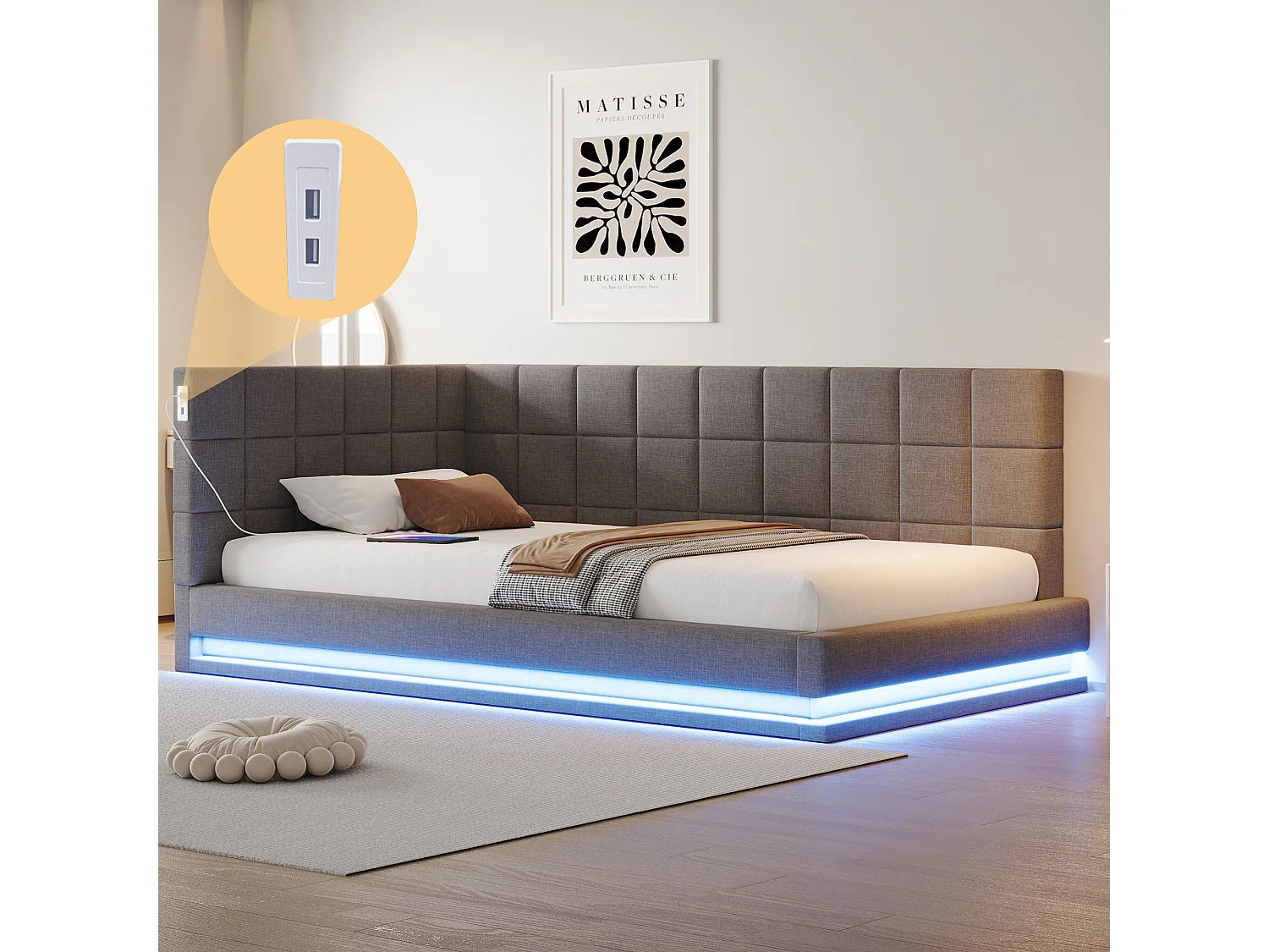 Lit enfant 90 x 200 cm - Lit simple avec lumière LED et chargement USB - velours gris