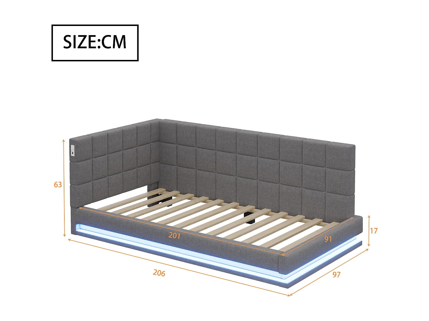 Lit enfant 90 x 200 cm - Lit simple avec lumière LED et chargement USB - velours gris