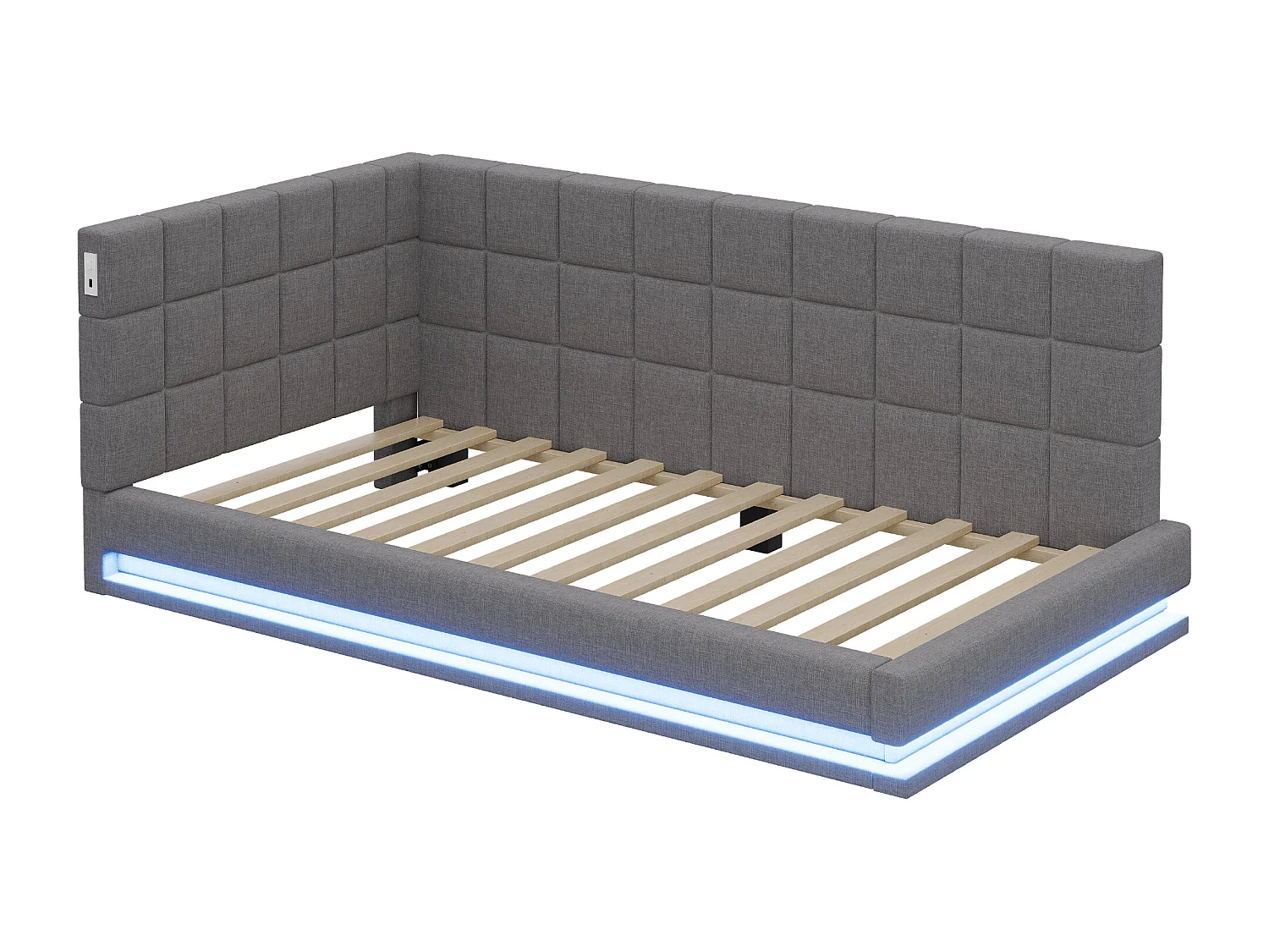 Lit enfant 90 x 200 cm - Lit simple avec lumière LED et chargement USB - velours gris