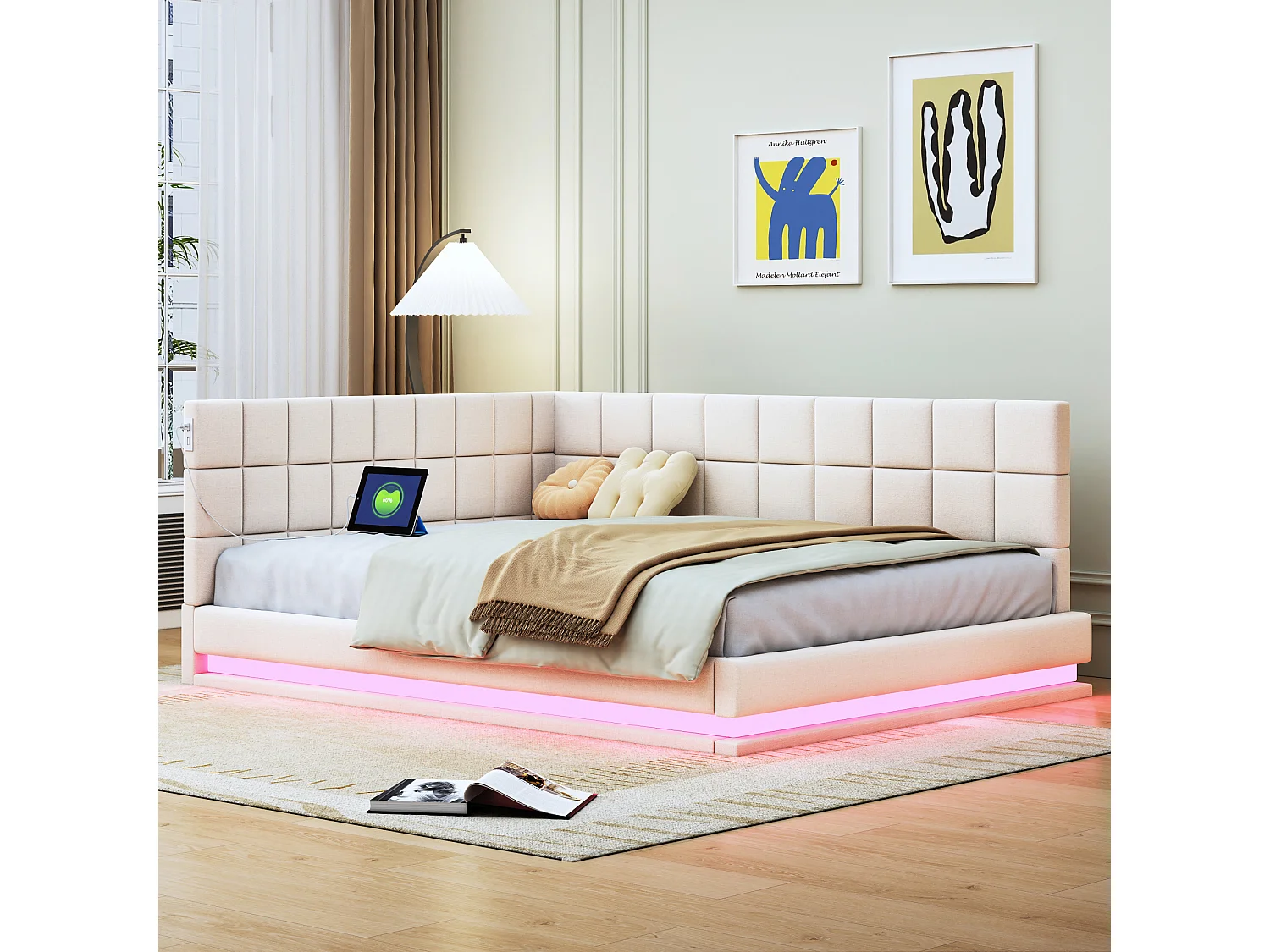 Letto per adulti 140 x 200 cm - Letto matrimoniale con luce LED e ricarica USB - velluto beige