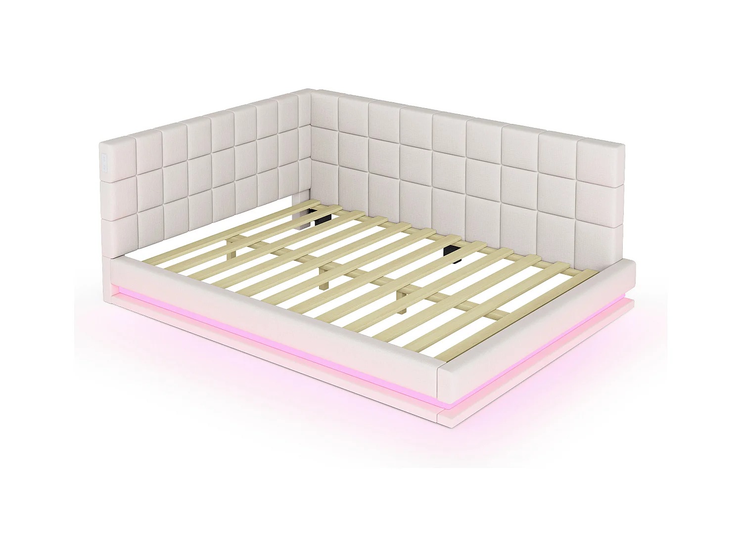 Lit adulte 140 x 200 cm - Lit double avec lumière LED et recharge USB - velours beige