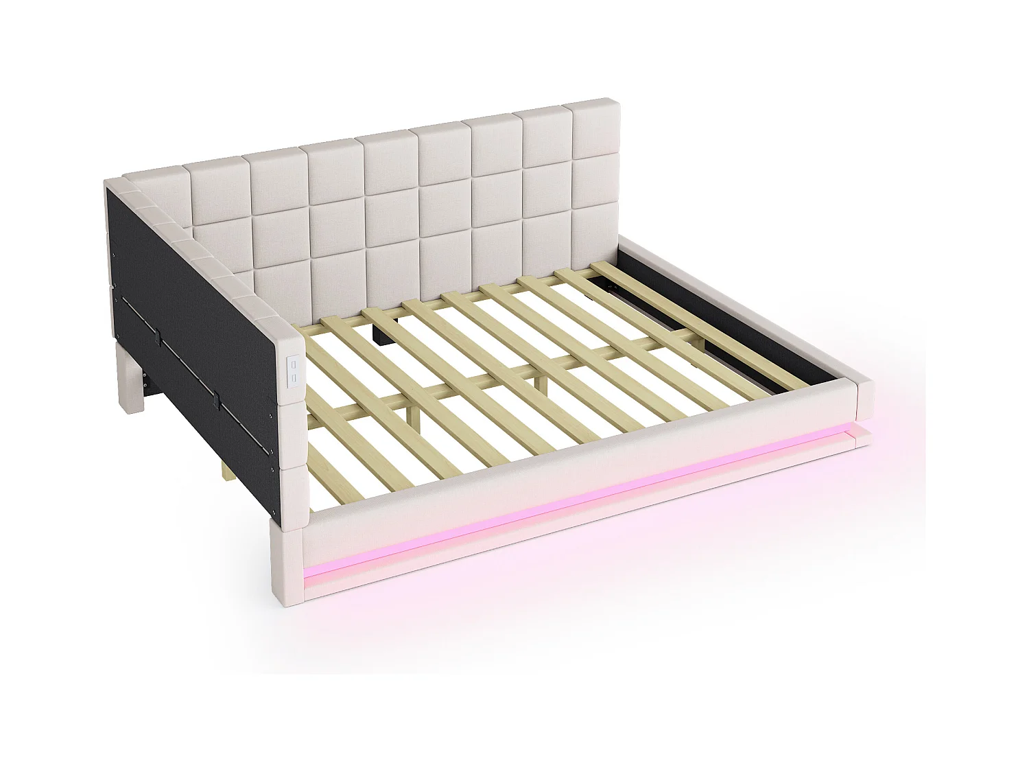 Lit adulte 140 x 200 cm - Lit double avec lumière LED et recharge USB - velours beige