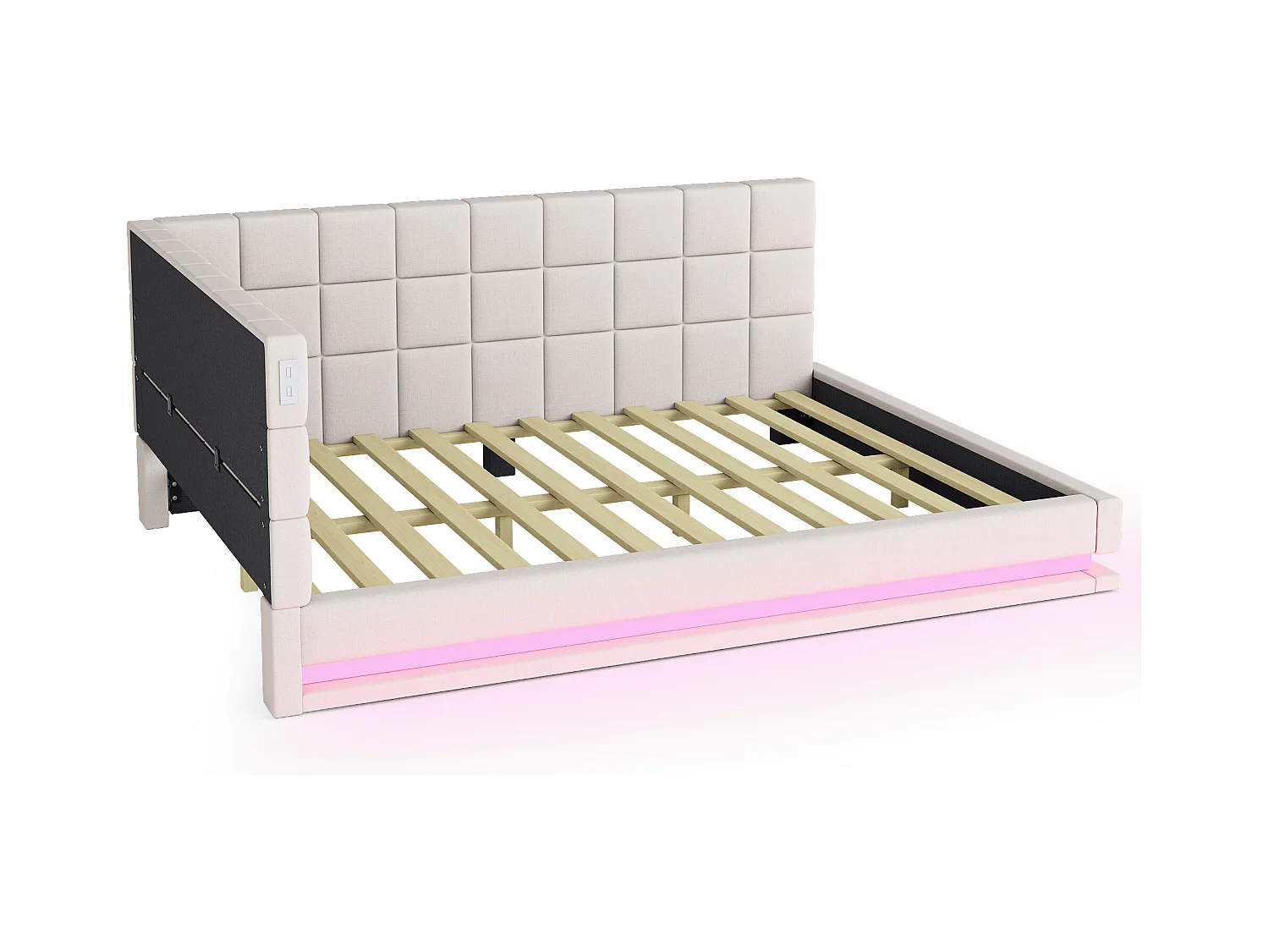Lit adulte 140 x 200 cm - Lit double avec lumière LED et recharge USB - velours beige