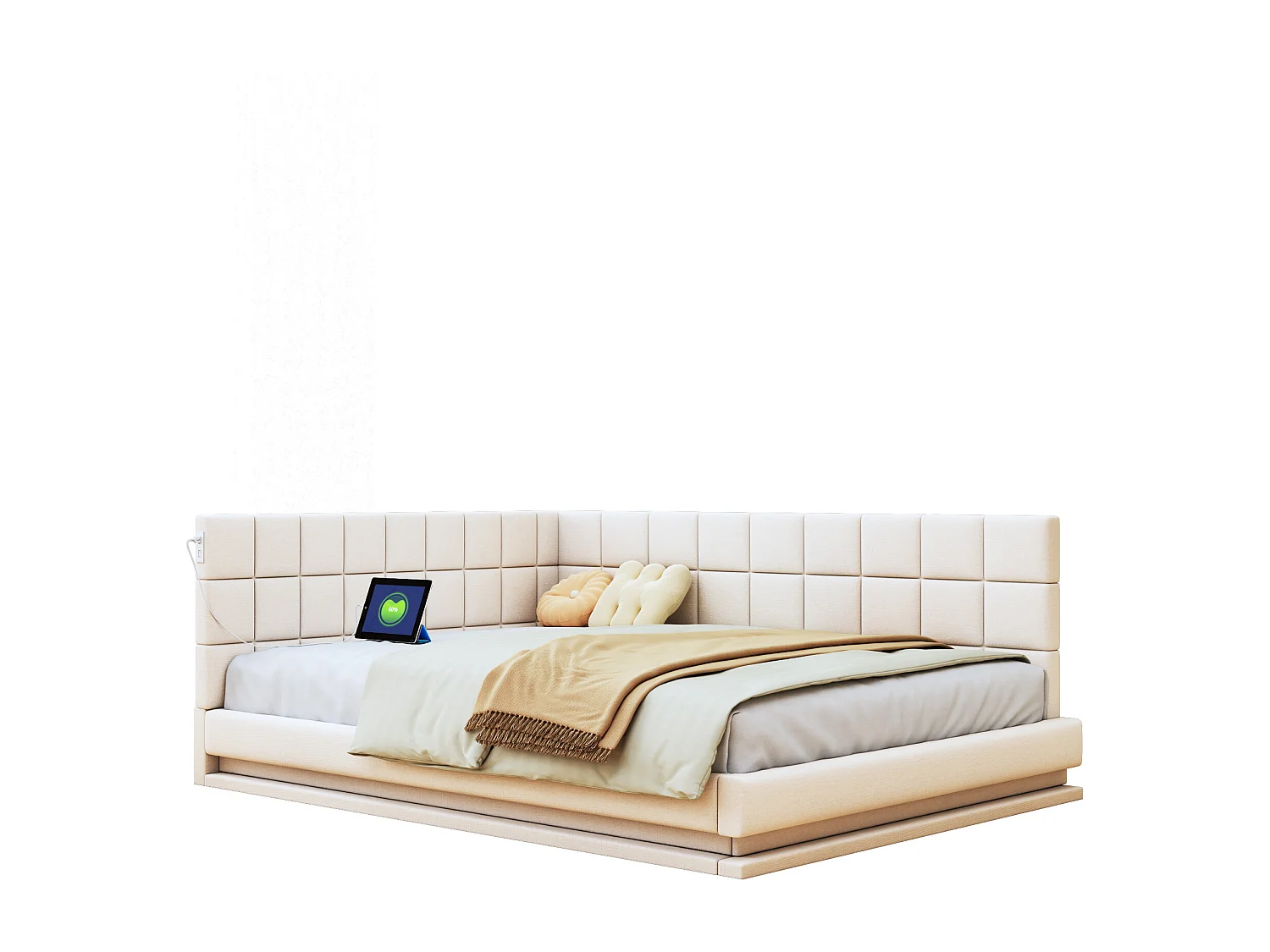 Lit adulte 140 x 200 cm - Lit double avec lumière LED et recharge USB - velours beige