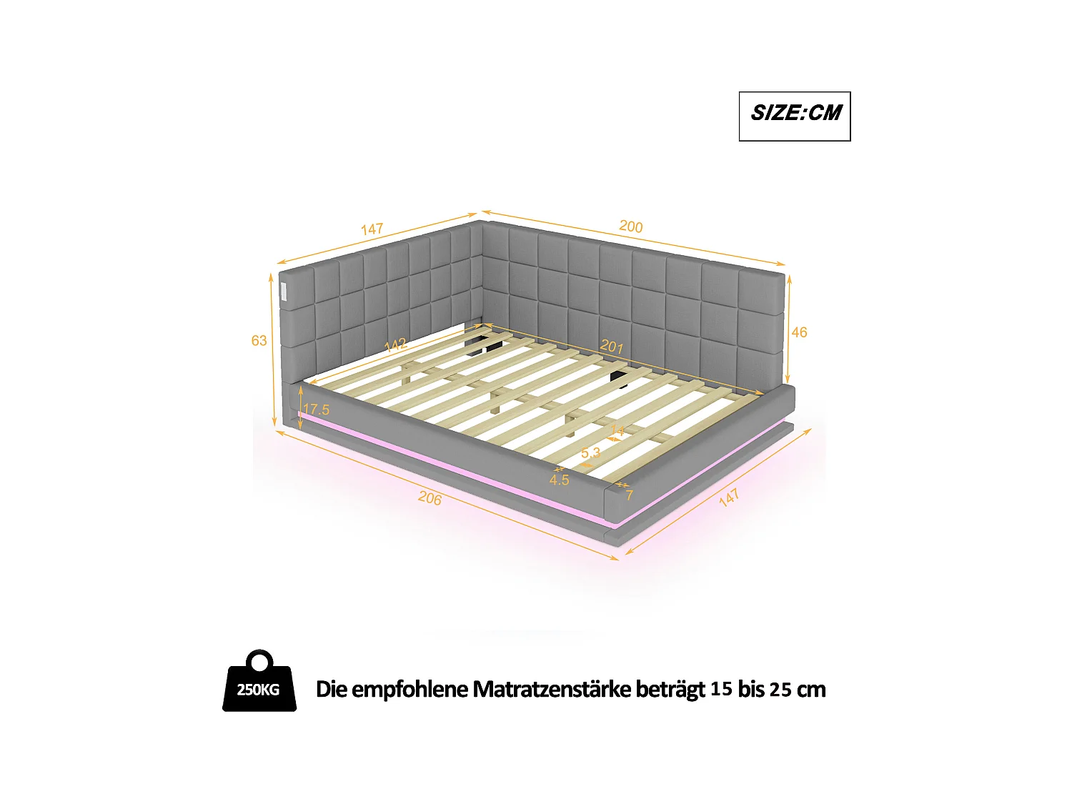 Erwachsenenbett 140 x 200 cm - Doppelbett mit LED-Licht und USB-Aufladung - grauer Samt
