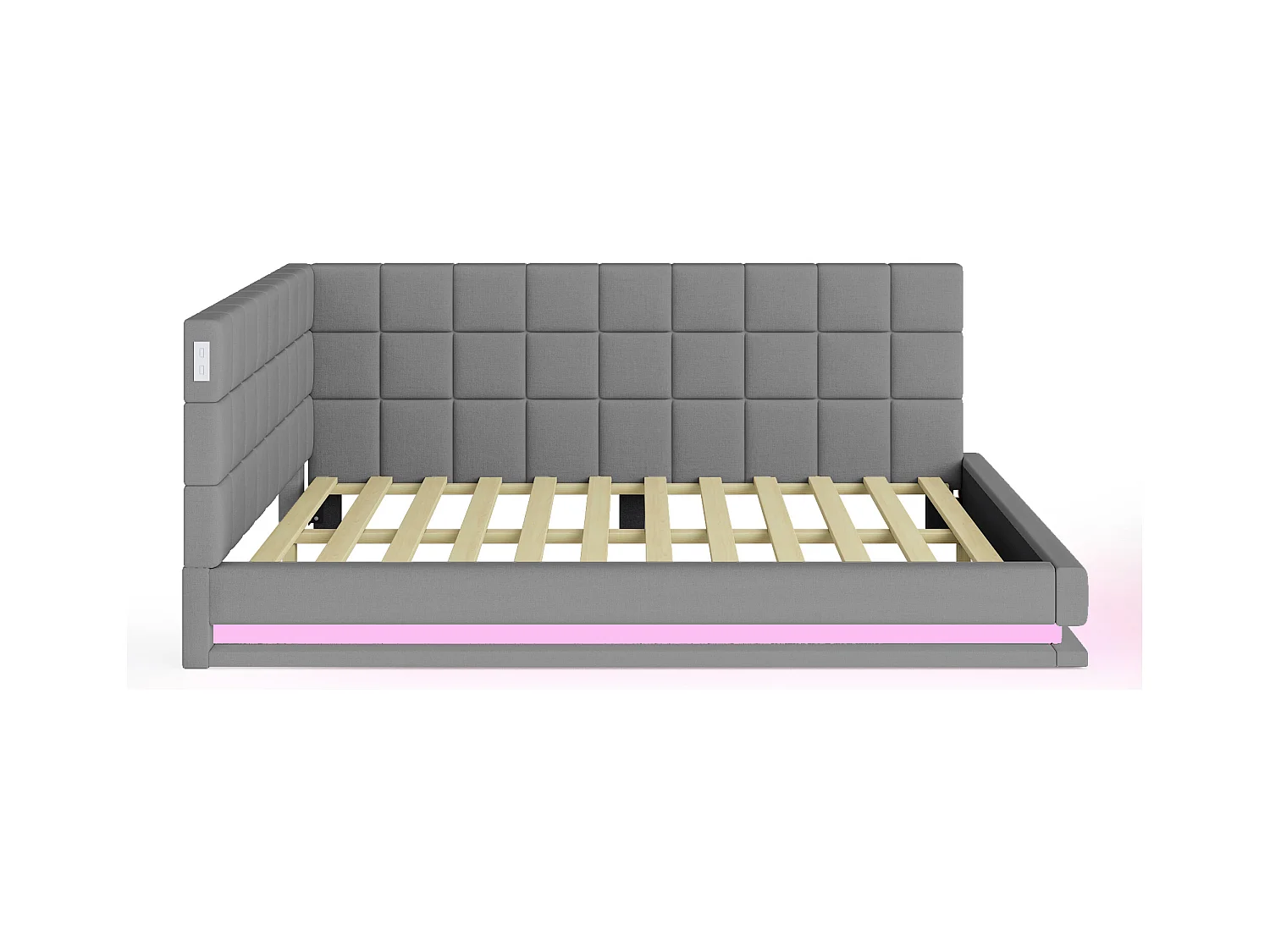 Lit adulte 140 x 200 cm - Lit double avec lumière LED et recharge USB - velours gris