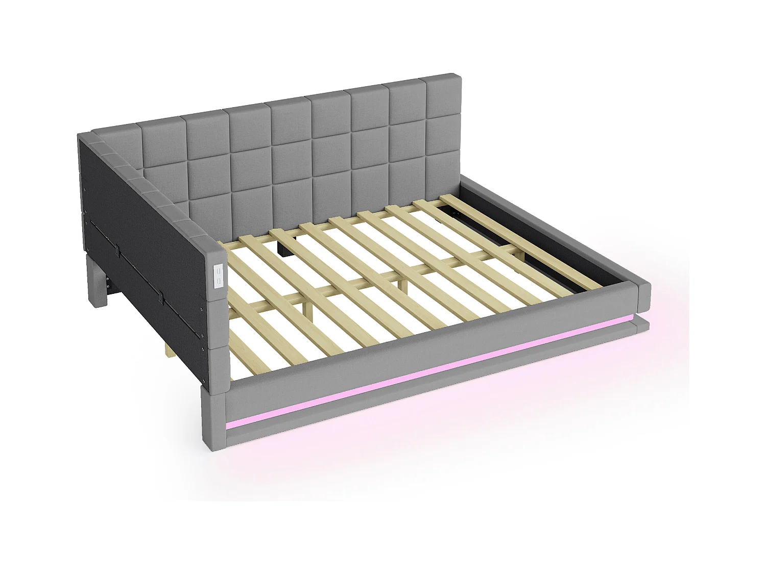 Lit adulte 140 x 200 cm - Lit double avec lumière LED et recharge USB - velours gris