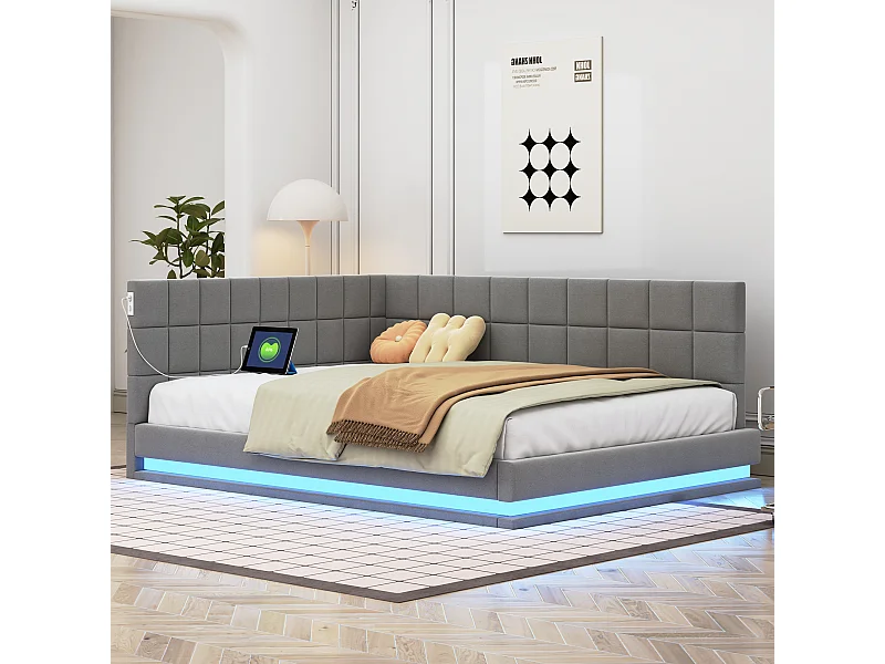 Erwachsenenbett 140 x 200 cm - Doppelbett mit LED-Licht und USB-Aufladung - grauer Samt
