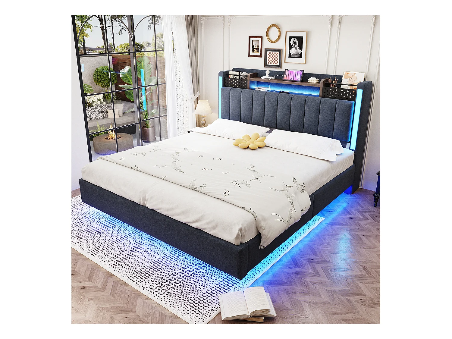 Lit adulte 140x200 cm - Lit double avec éclairage LED et recharge USB - lin gris - sans matelas