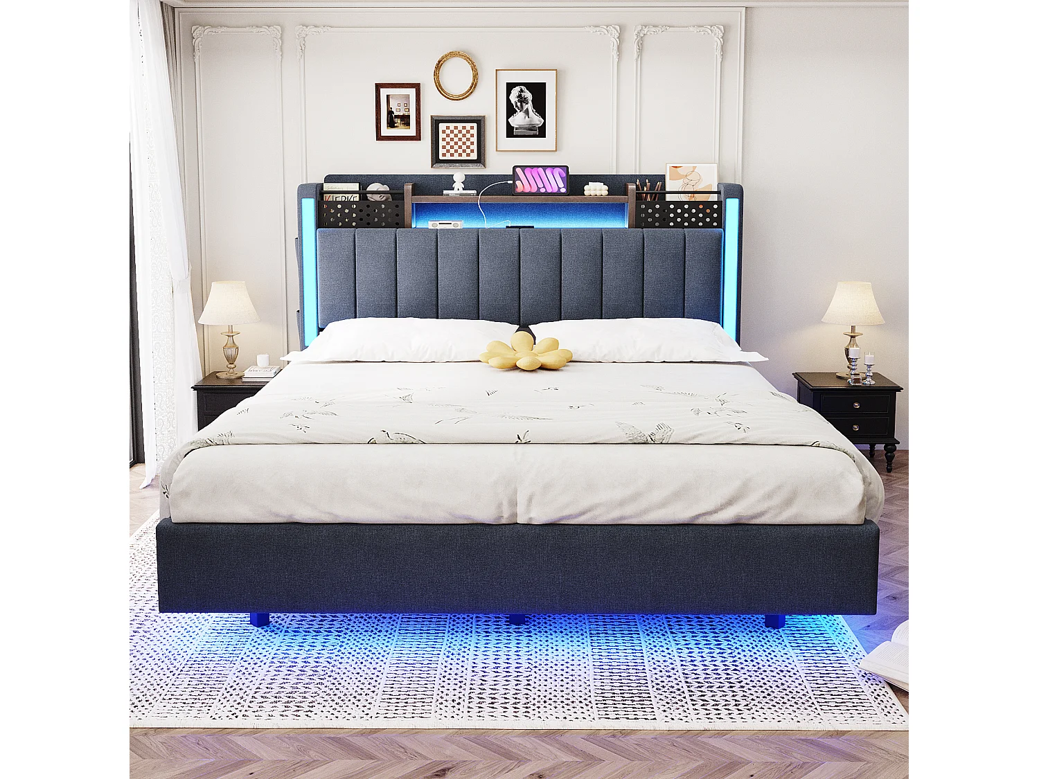 Volwassen bed 140x200 cm - Tweepersoonsbed met LED-verlichting en USB-oplader - grijs linnen - zonder matras