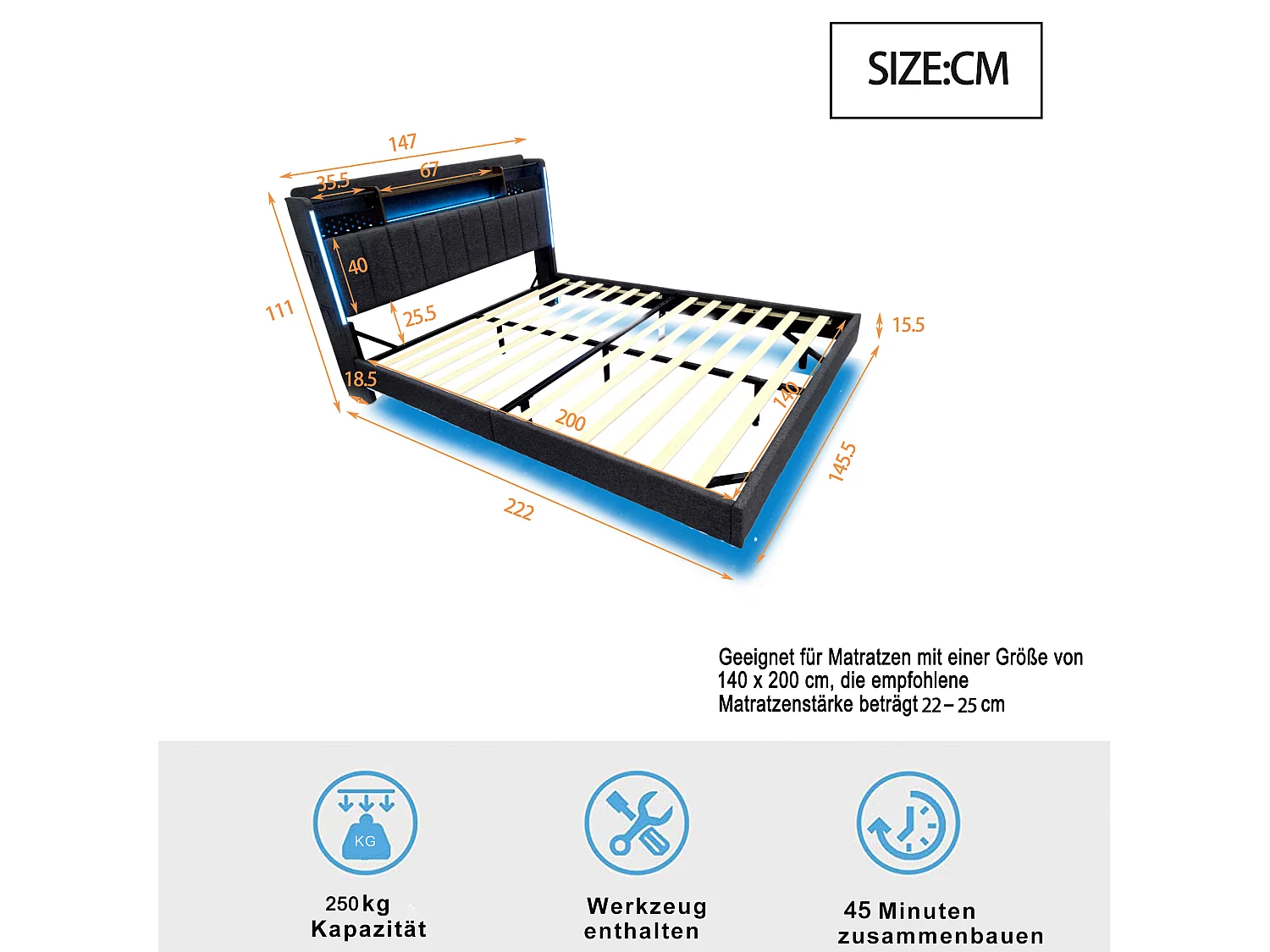 Volwassen bed 140x200 cm - Tweepersoonsbed met LED-verlichting en USB-oplader - grijs linnen - zonder matras