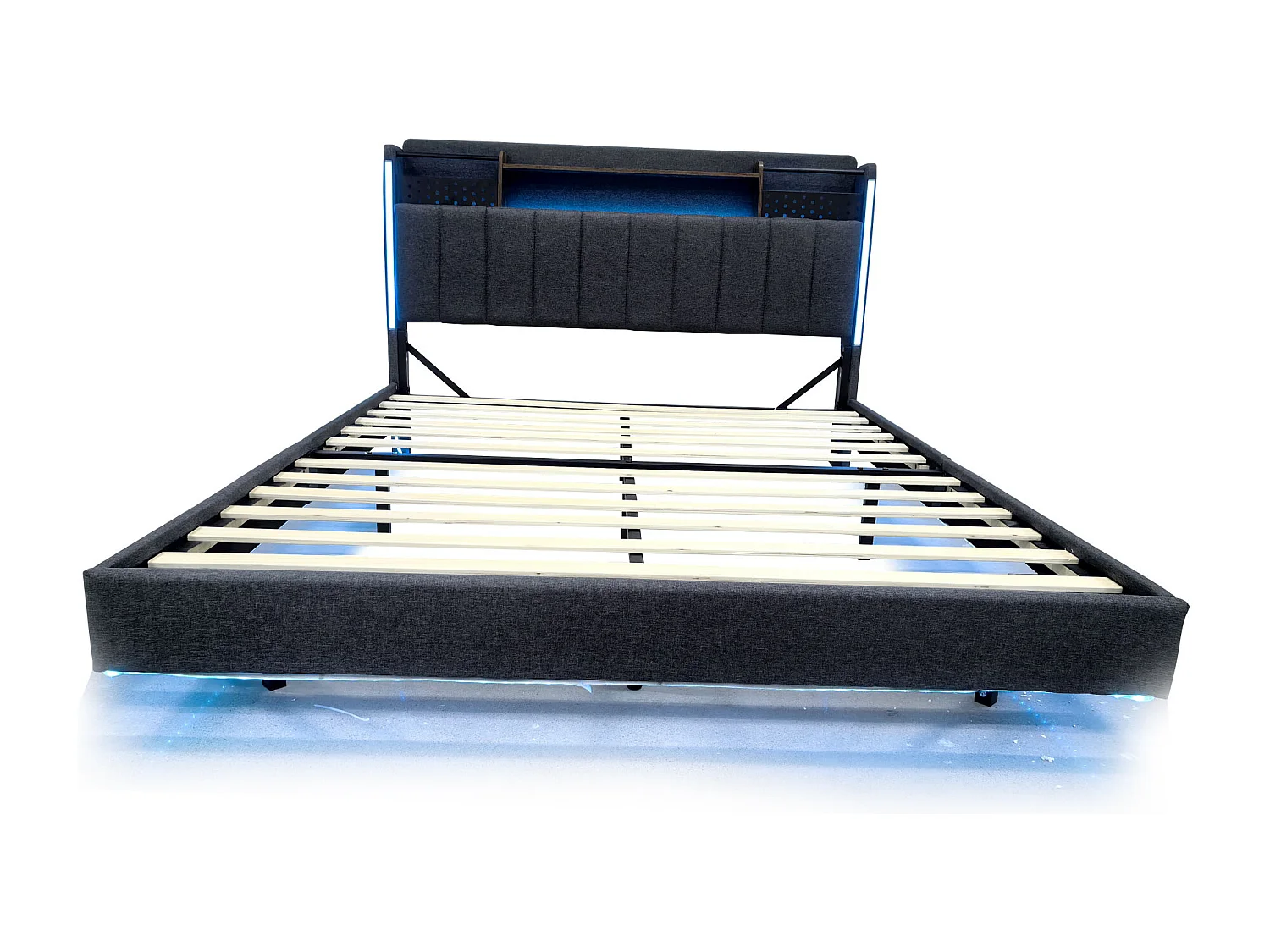 Volwassen bed 140x200 cm - Tweepersoonsbed met LED-verlichting en USB-oplader - grijs linnen - zonder matras