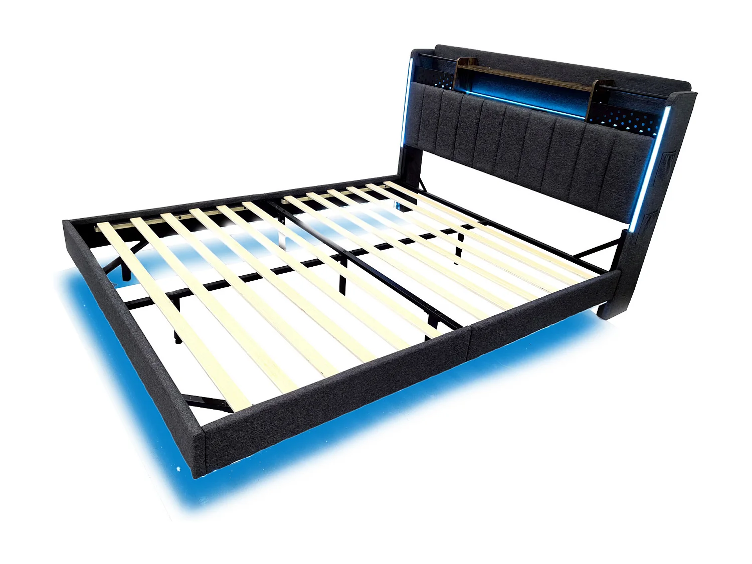Volwassen bed 140x200 cm - Tweepersoonsbed met LED-verlichting en USB-oplader - grijs linnen - zonder matras
