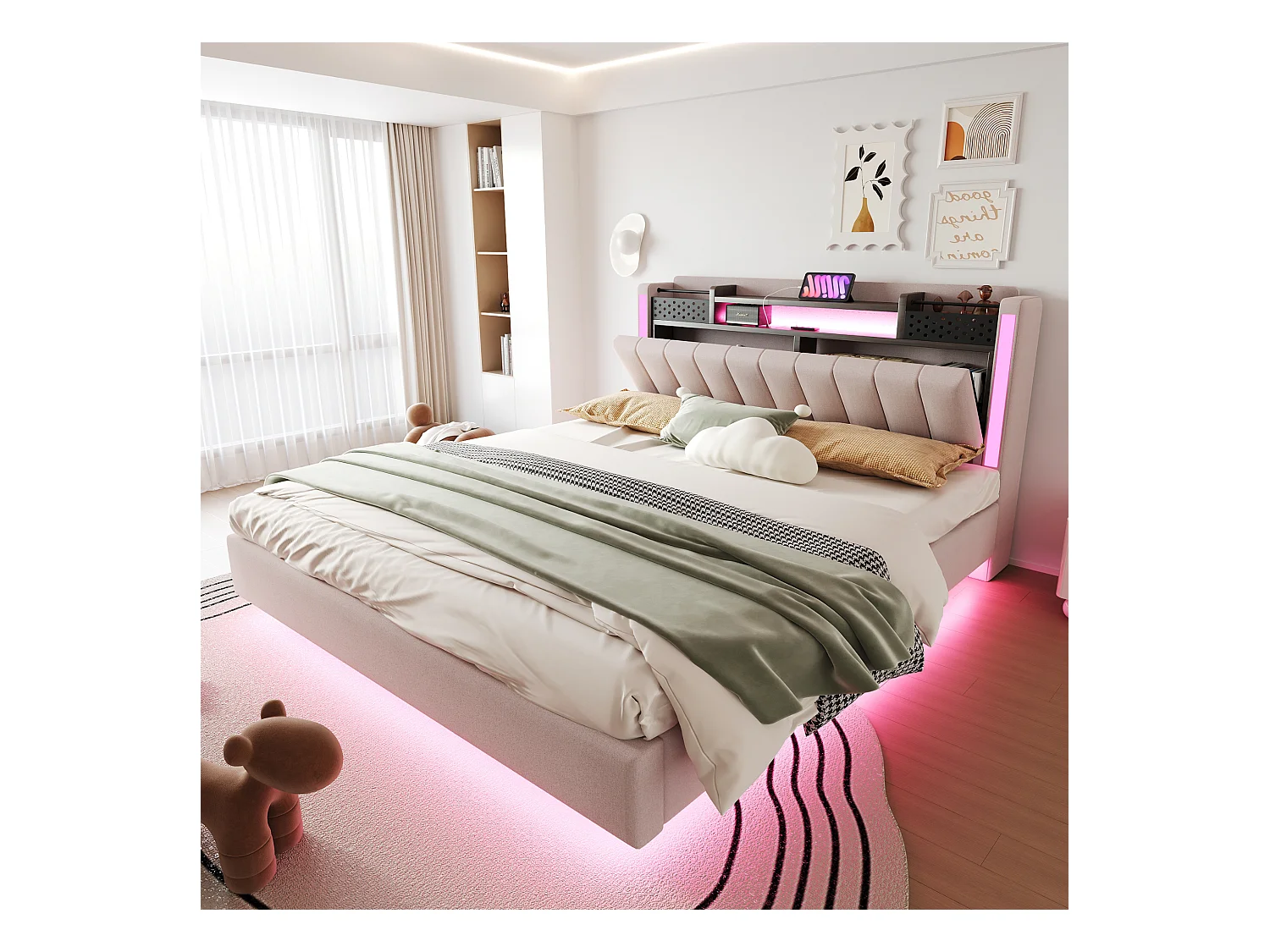 Lit adulte 160x200 cm - Lit double avec éclairage LED et recharge USB - lin beige - sans matelas