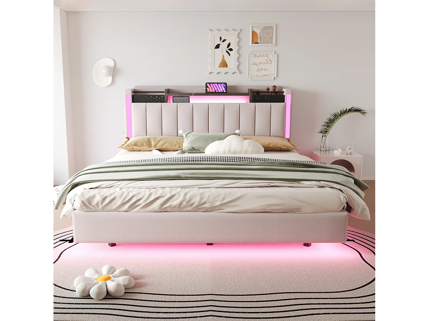 Erwachsenenbett 160x200 cm - Doppelbett mit LED-Beleuchtung und USB-Ladefunktion - beiges Leinen - ohne Matratze