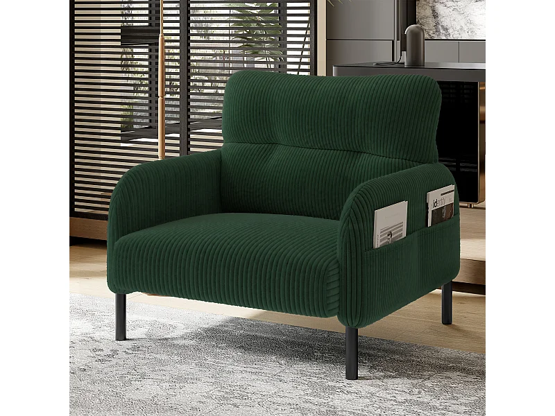 Sofá reto verde - Poltrona com braços e bolsos laterais - bombazine - para sala de estar e quarto