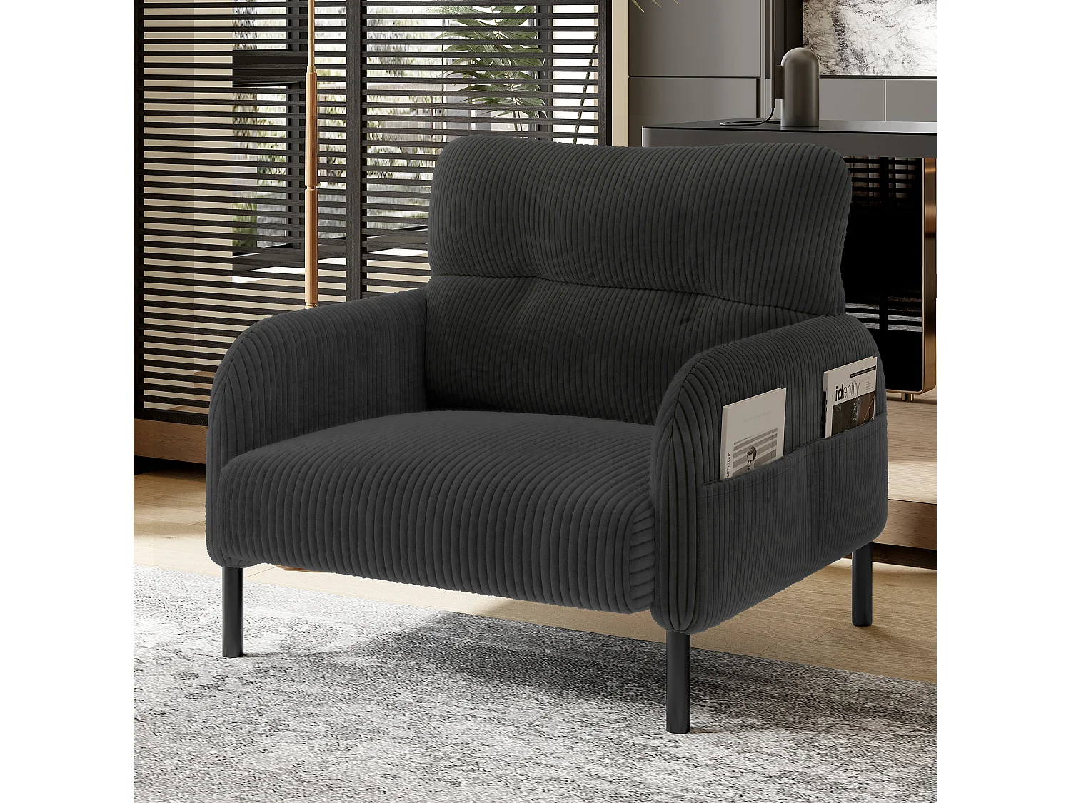 Grijze rechte bank - Fauteuil met armleuningen en zijzakken - corduroy - voor woonkamer en slaapkamer