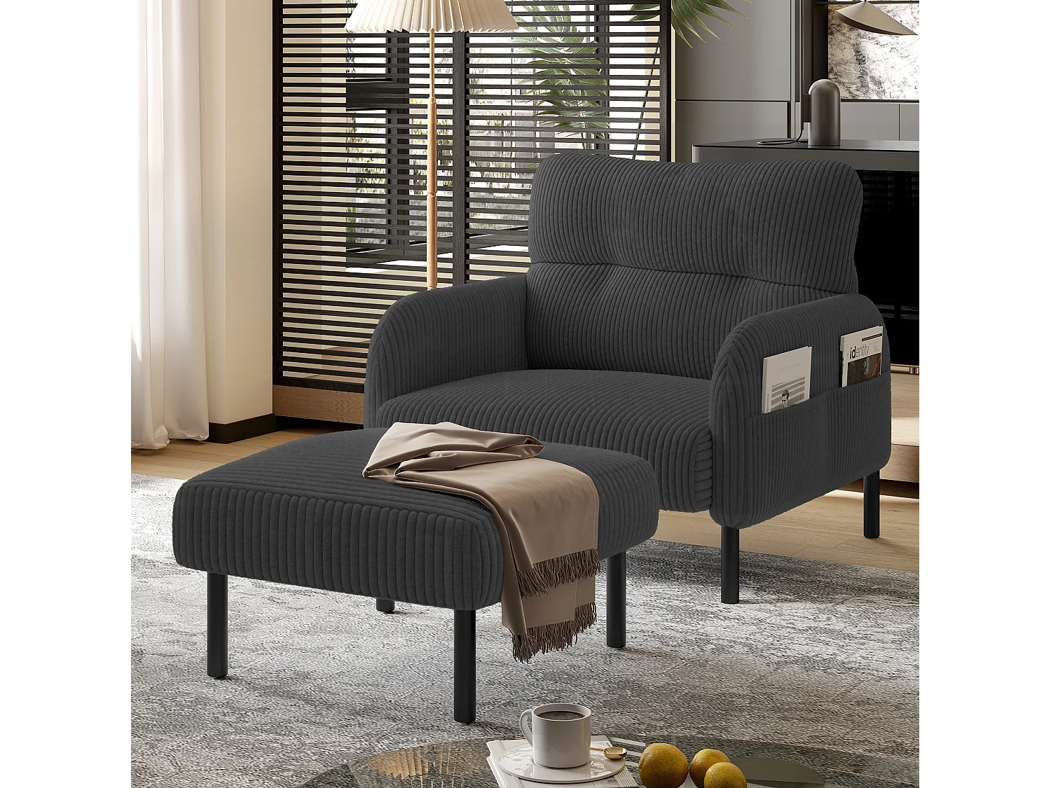 Grijze rechte bank - Fauteuil met armleuningen en zijzakken - corduroy - voor woonkamer en slaapkamer