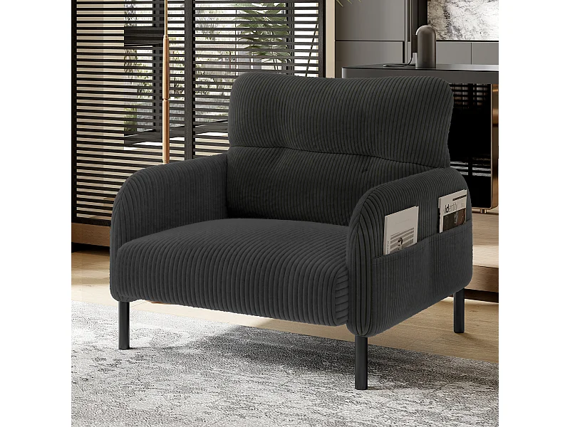 Canapé droit gris - Fauteuil avec accoudoirs et poches latérales - velours côtelé - pour salon et chambre