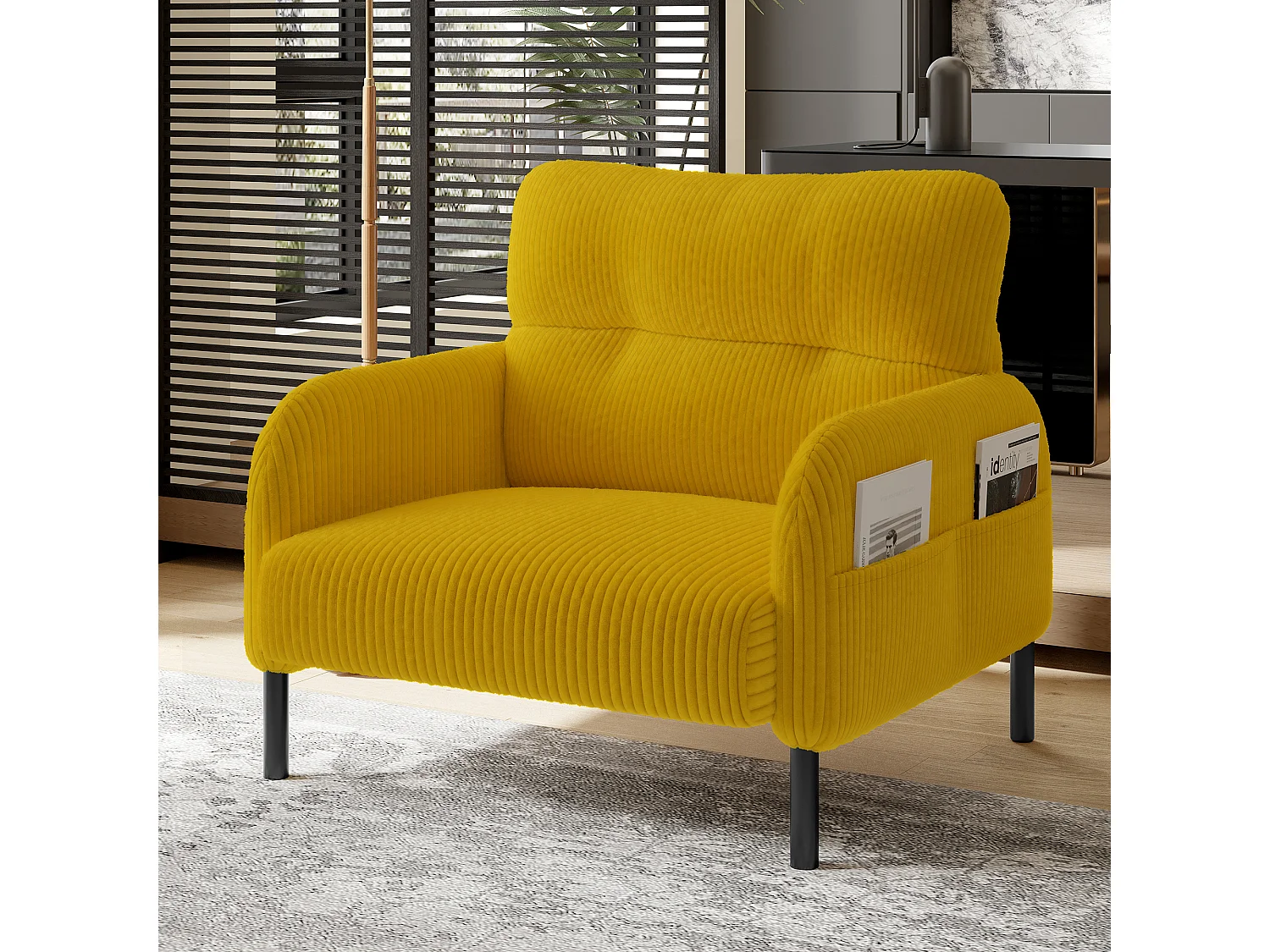 Żółta sofa prosta - Fotel z podłokietnikami i kieszeniami bocznymi - sztruks - do salonów i sypialni