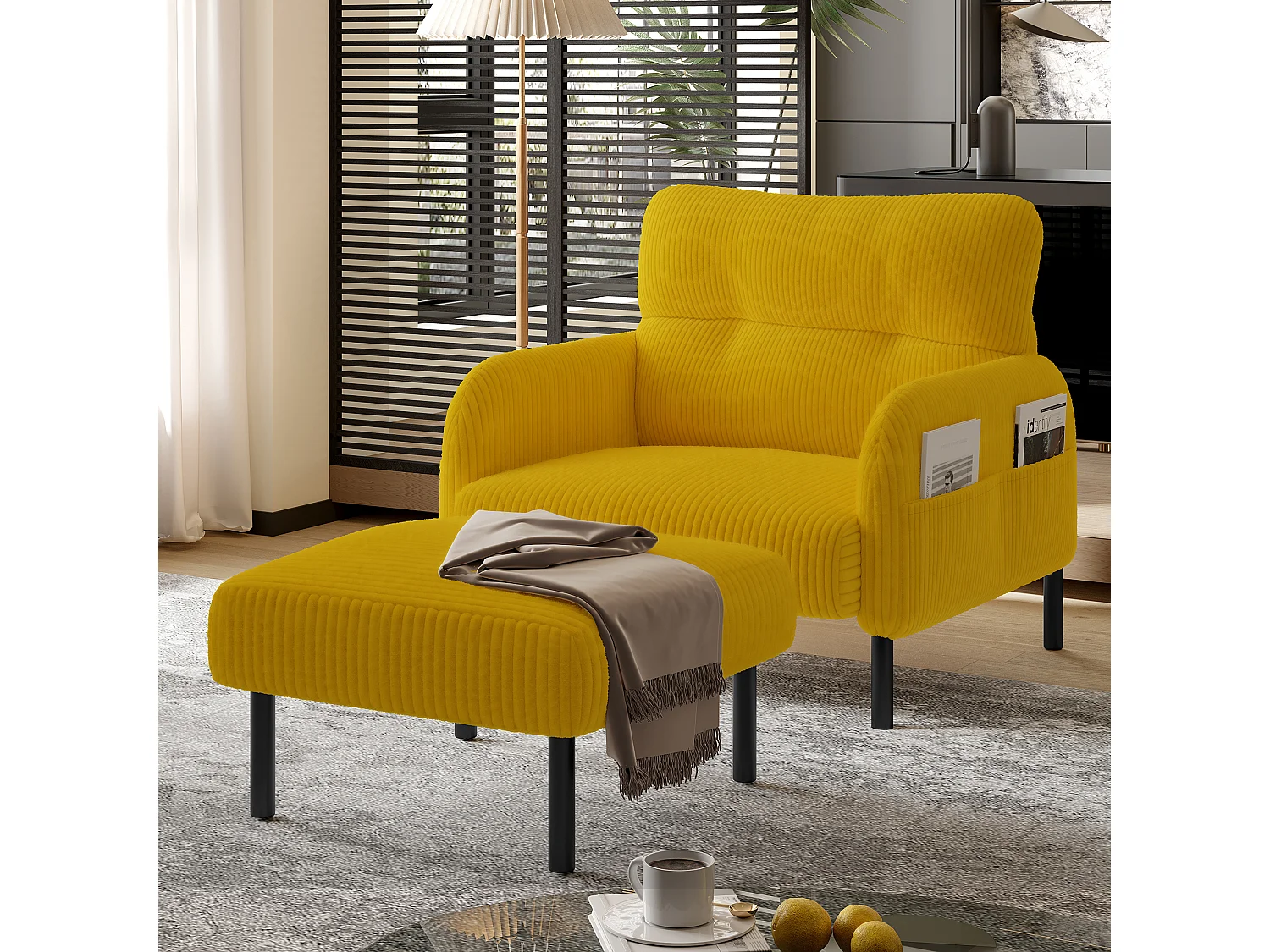 Żółta sofa prosta - Fotel z podłokietnikami i kieszeniami bocznymi - sztruks - do salonów i sypialni
