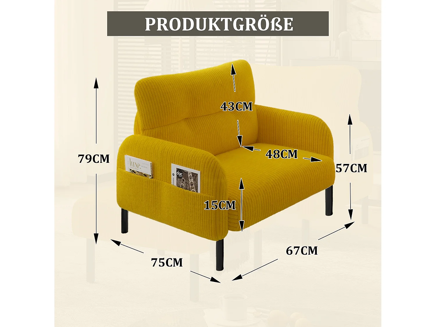 Żółta sofa prosta - Fotel z podłokietnikami i kieszeniami bocznymi - sztruks - do salonów i sypialni