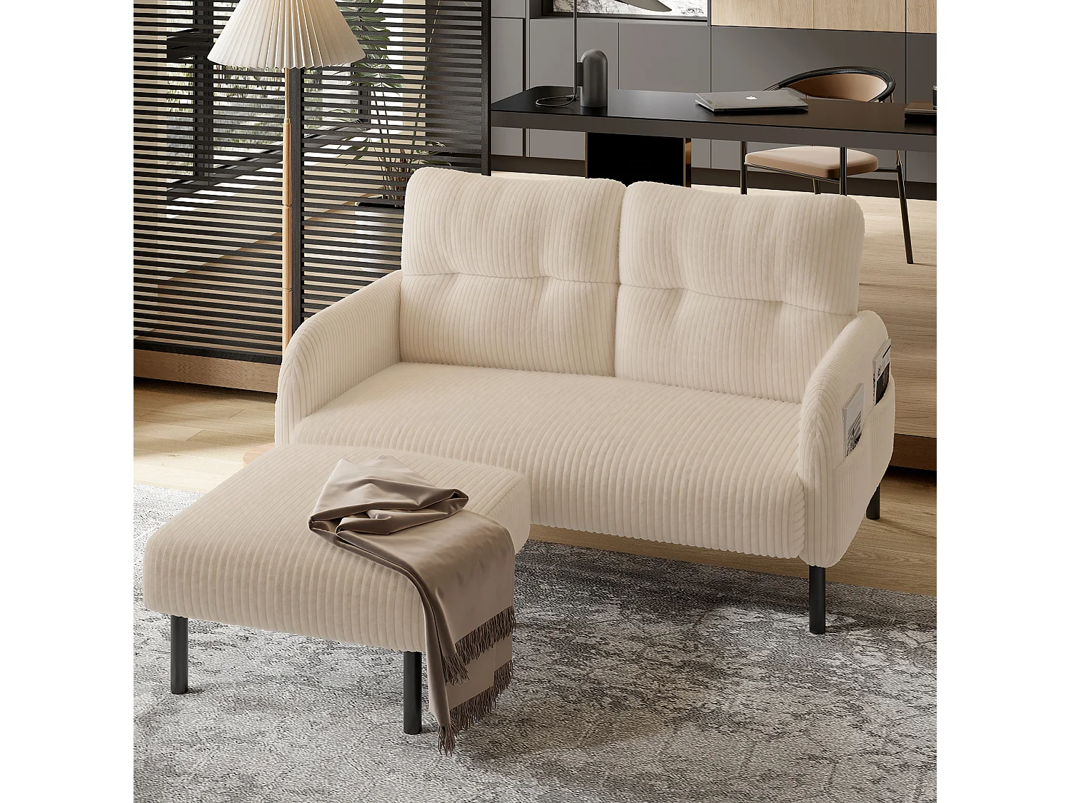 Beżowa sofa prosta - Fotel z oparciem i kieszeniami bocznymi - sztruks - do biur i salonów