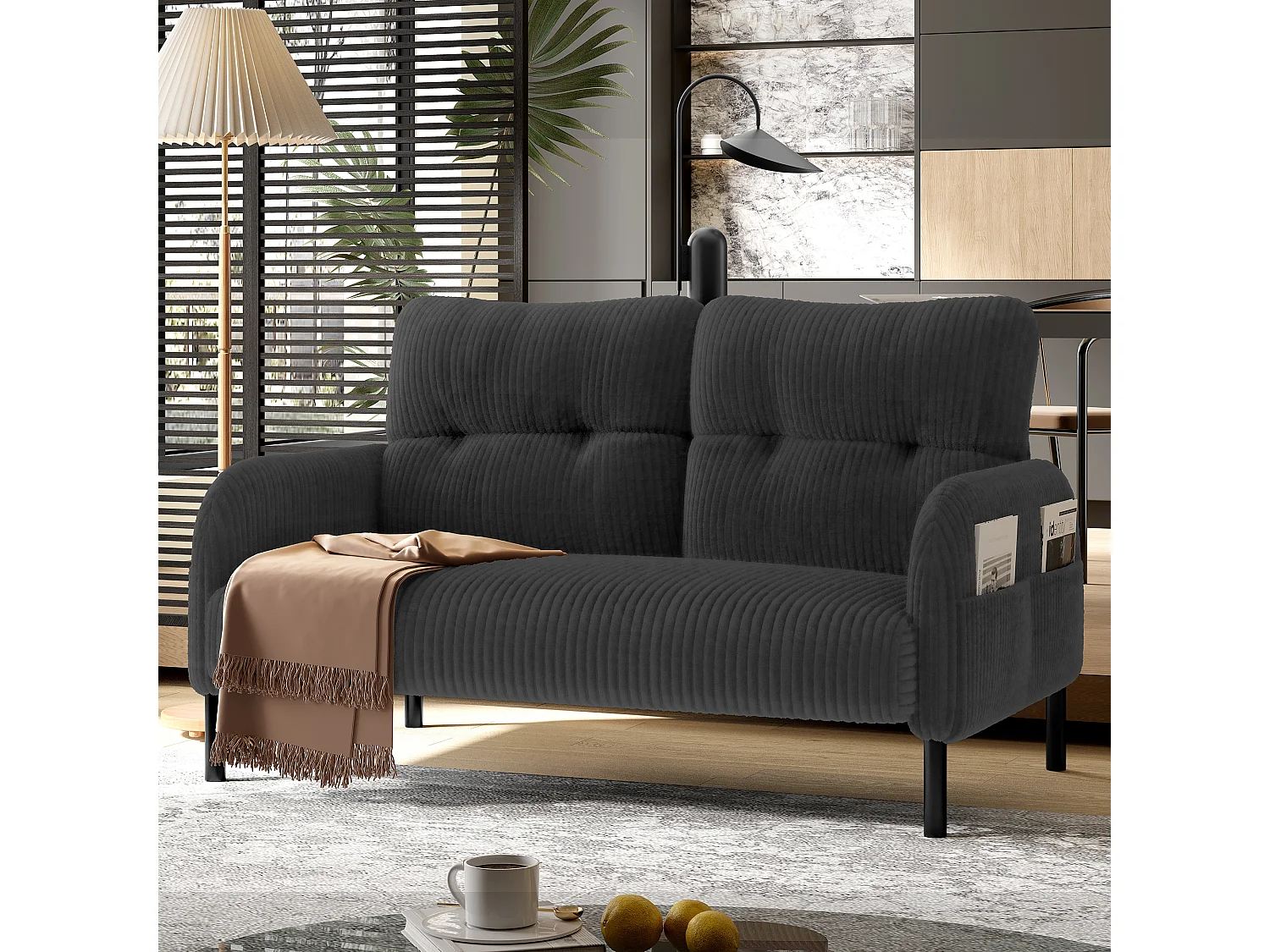 Szara sofa prosta - Fotel z oparciem i kieszeniami bocznymi - sztruks - do biur i salonów