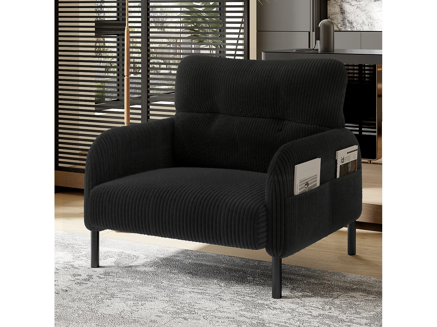 Canapé droit noir - Fauteuil avec accoudoirs et poches latérales - velours côtelé - pour salon et chambre