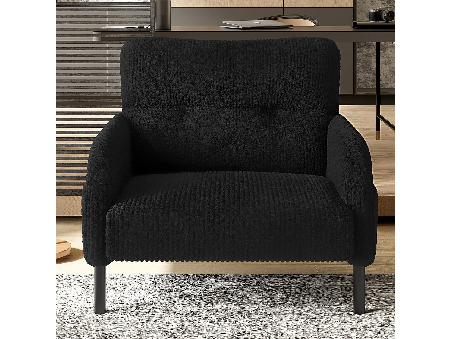 Canapé droit noir - Fauteuil avec accoudoirs et poches latérales - velours côtelé - pour salon et chambre