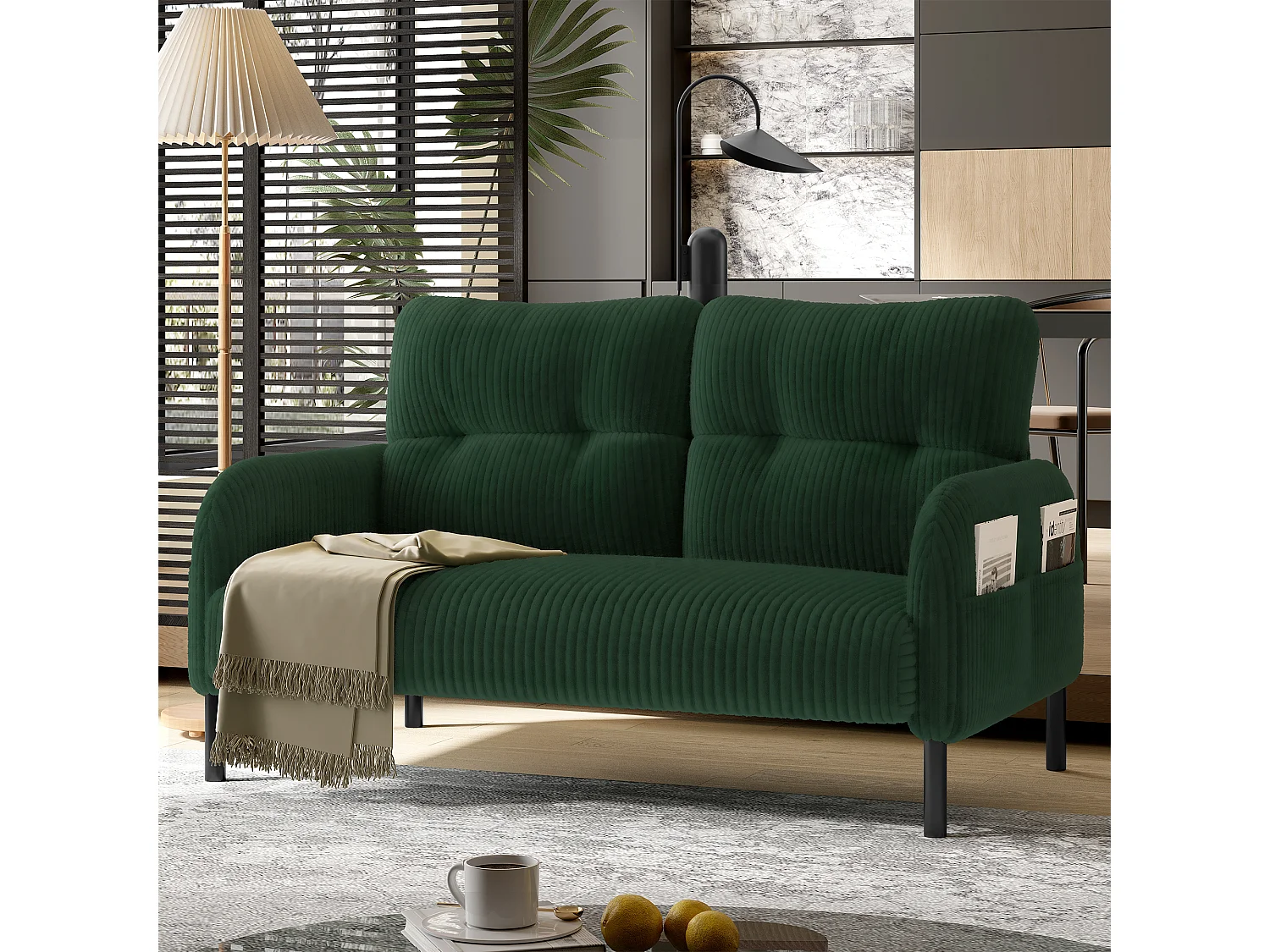 Canapé droit vert - Fauteuil avec dossier et poches latérales - velours côtelé - pour bureaux et salons