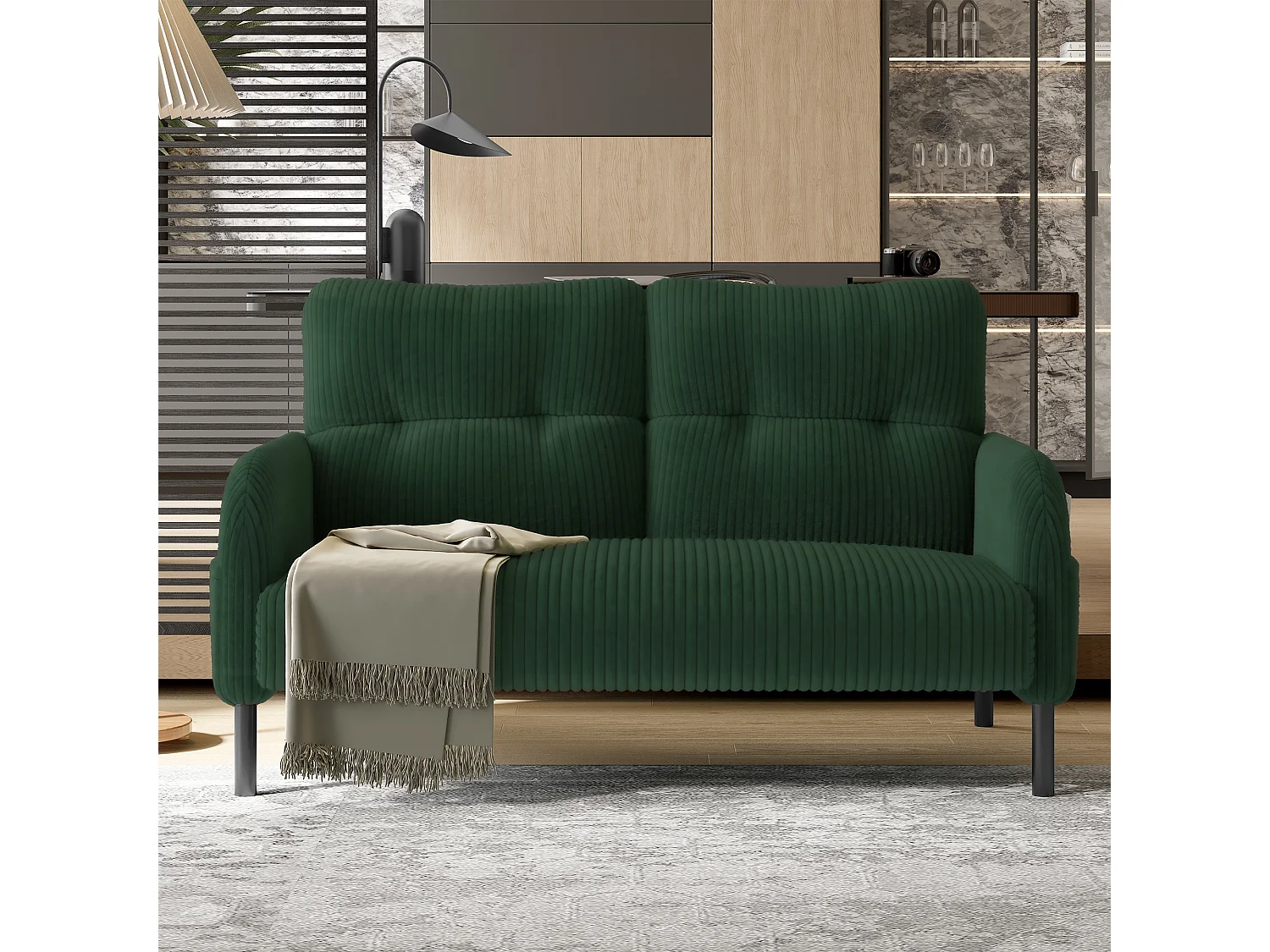 Canapé droit vert - Fauteuil avec dossier et poches latérales - velours côtelé - pour bureaux et salons