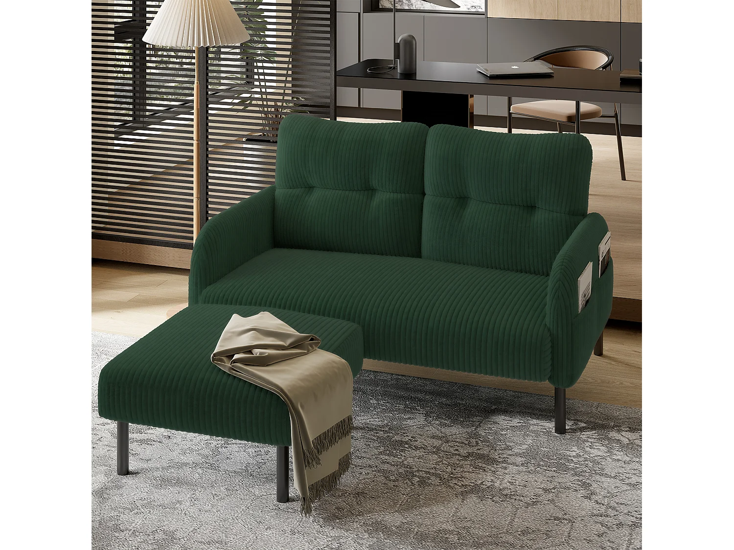 Canapé droit vert - Fauteuil avec dossier et poches latérales - velours côtelé - pour bureaux et salons