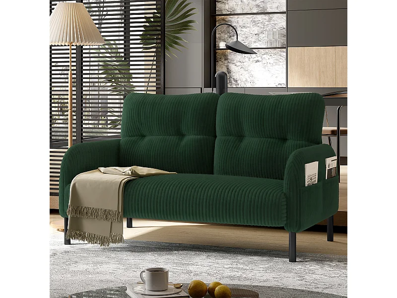 Canapé droit vert - Fauteuil avec dossier et poches latérales - velours côtelé - pour bureaux et salons