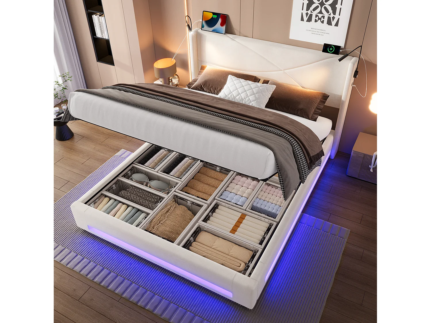 Lit coffre 140 x 200 cm - Lit adulte avec 2 liseuses et lumière LED - velours beige - sans matelas
