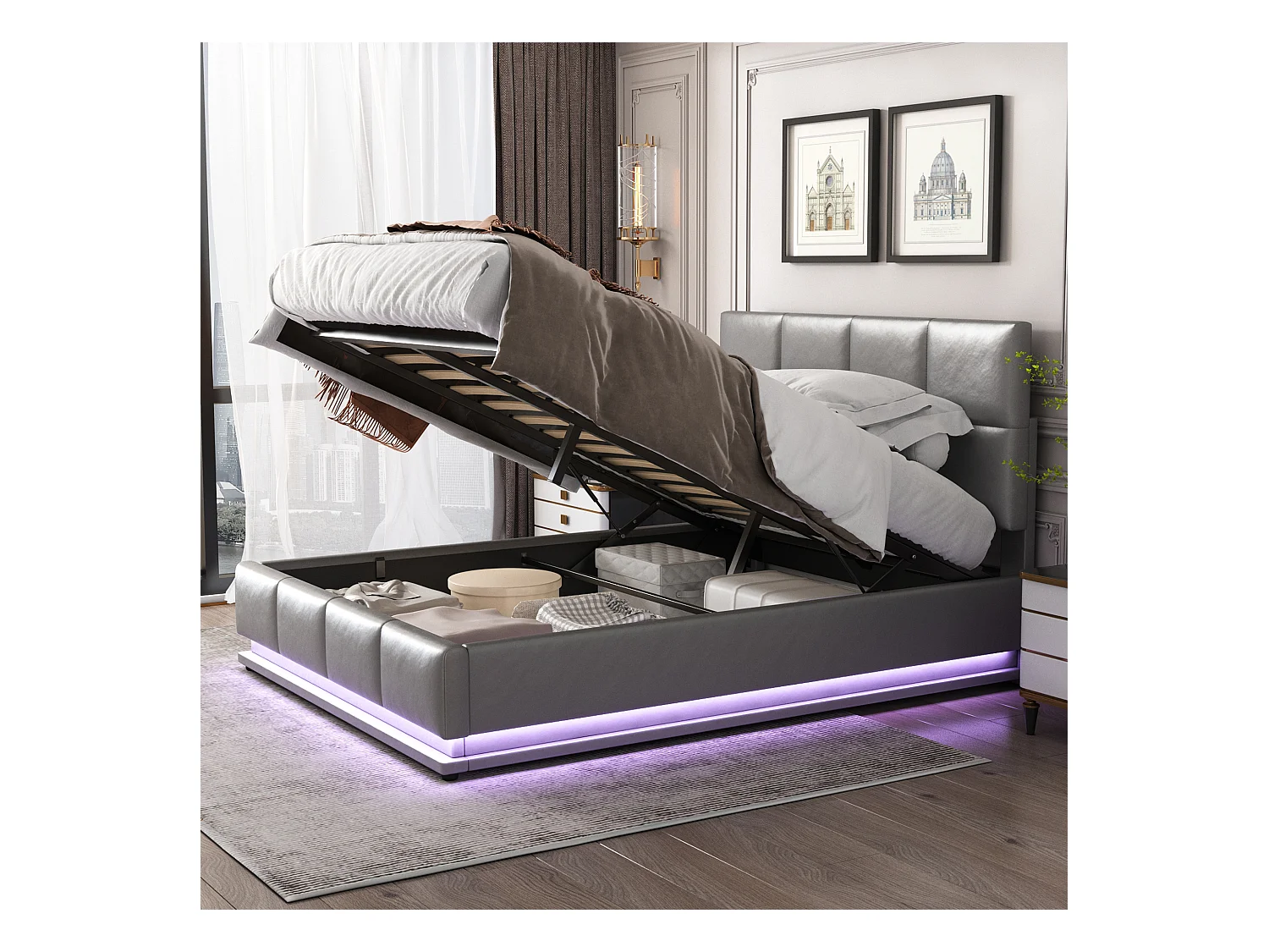 Lit coffre 140x200 cm - Lit adulte avec éclairage LED et sommier à lattes - gris - sans matelas