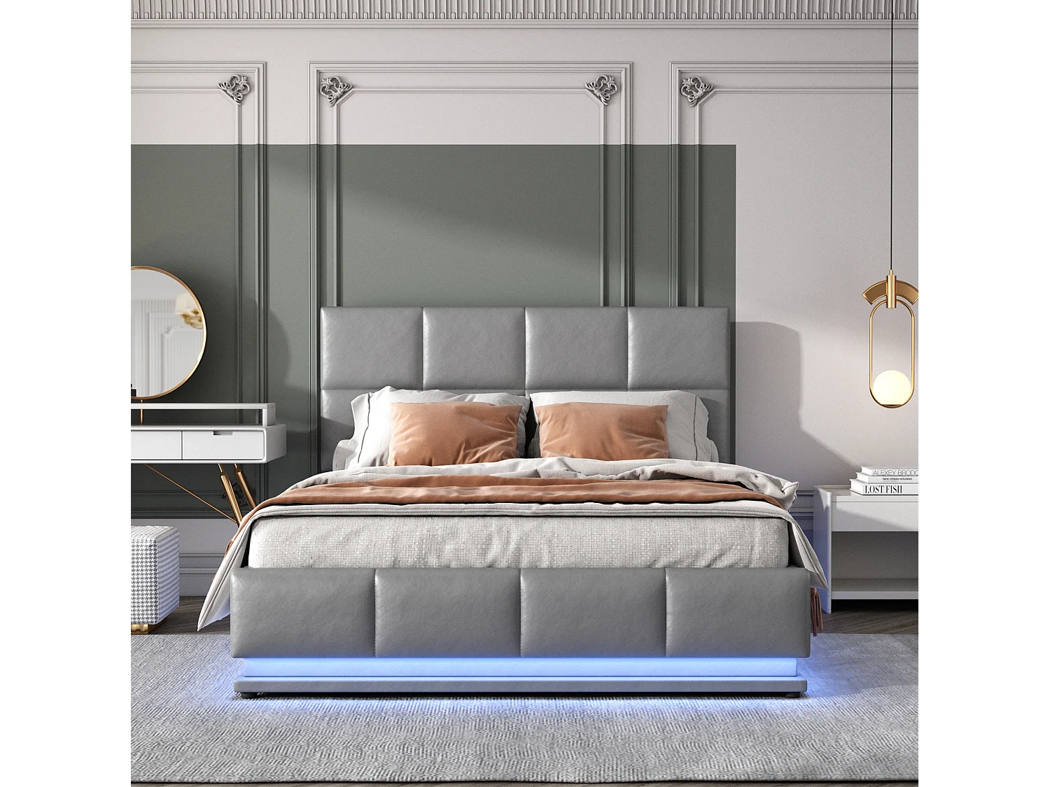 Lit coffre 140x200 cm - Lit adulte avec éclairage LED et sommier à lattes - gris - sans matelas