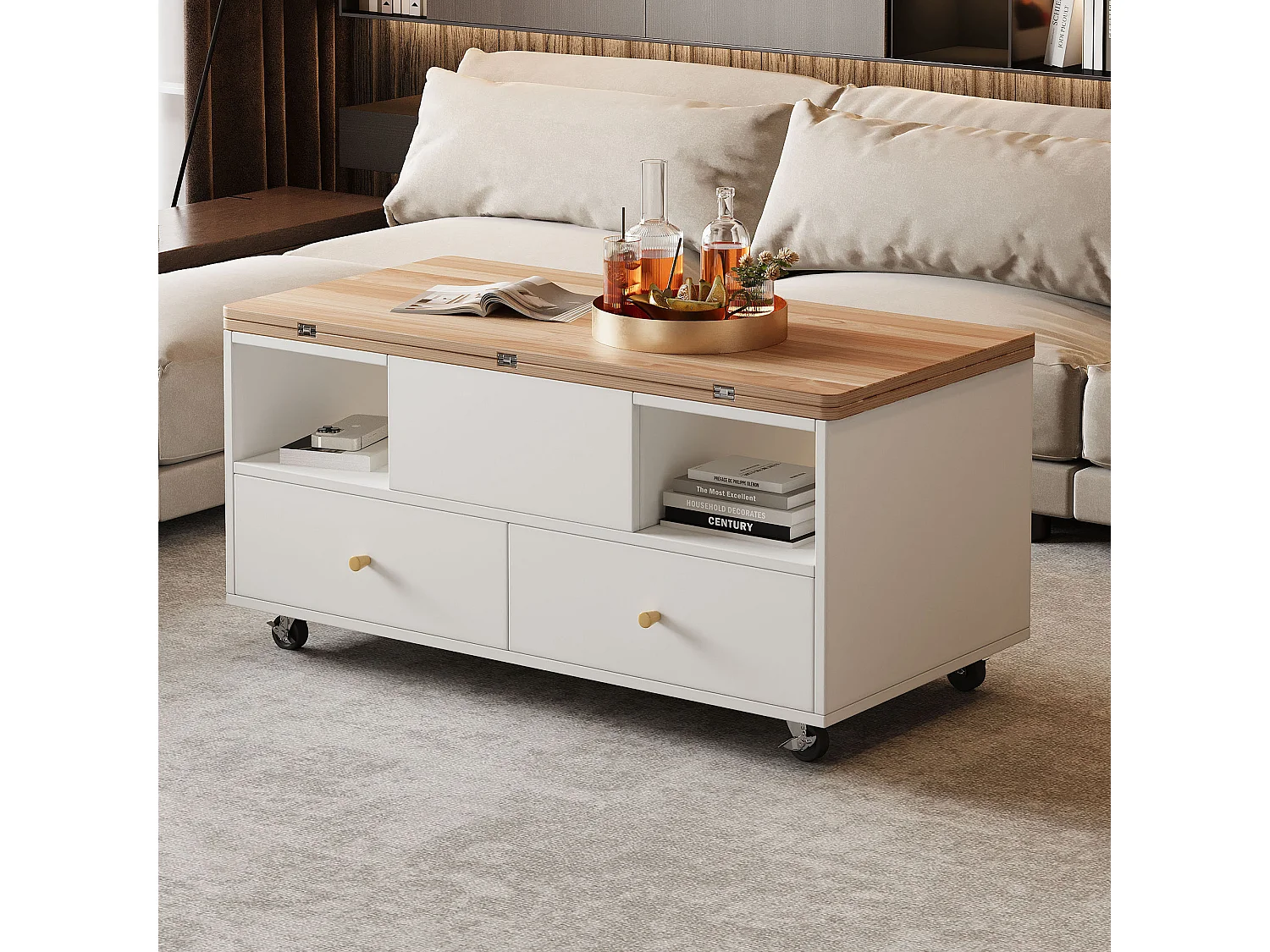 Witte salontafel - salontafel met 4 wielen en 4 lades - opklapbaar blad - voor woonkamer