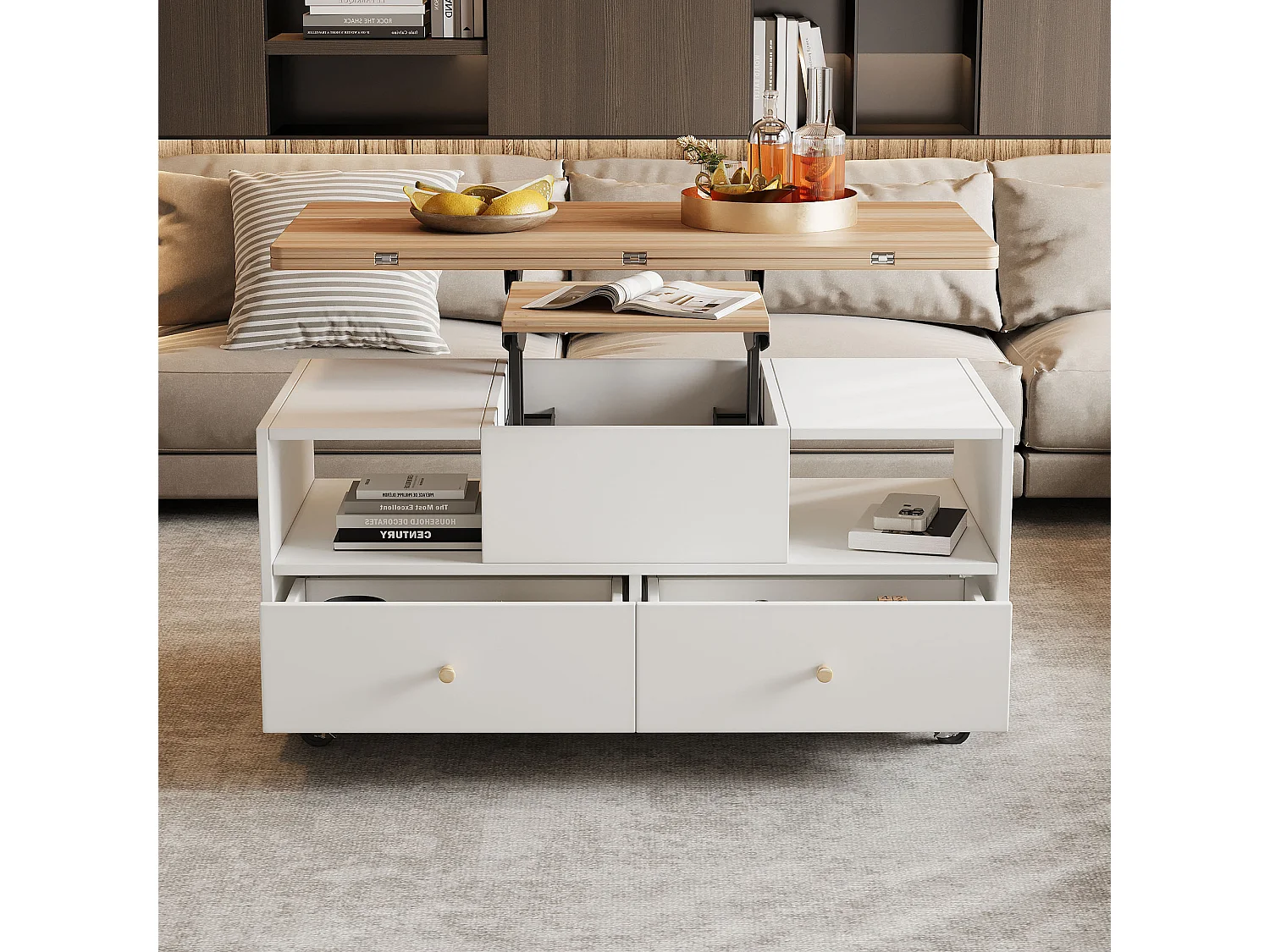 Witte salontafel - salontafel met 4 wielen en 4 lades - opklapbaar blad - voor woonkamer