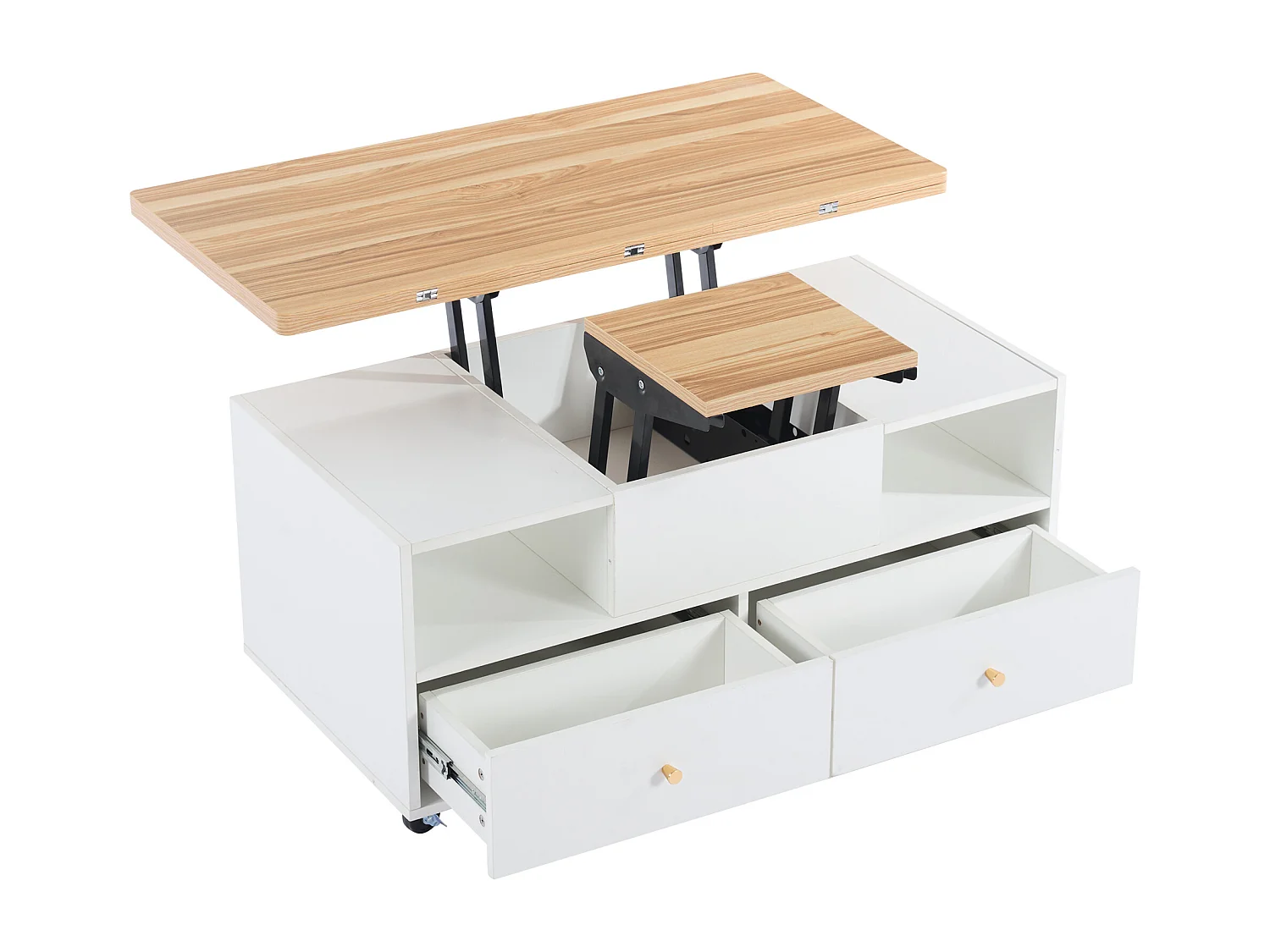 Witte salontafel - salontafel met 4 wielen en 4 lades - opklapbaar blad - voor woonkamer