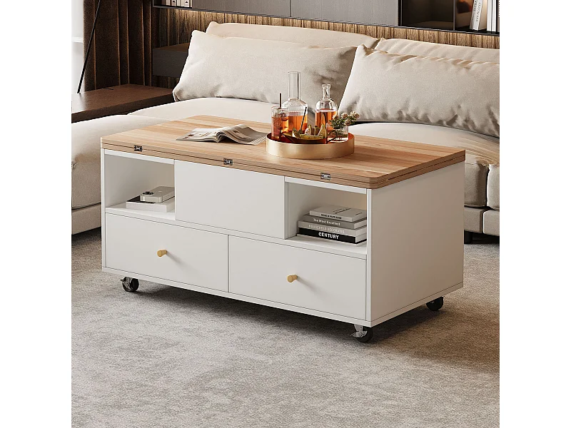Witte salontafel - salontafel met 4 wielen en 4 lades - opklapbaar blad - voor woonkamer