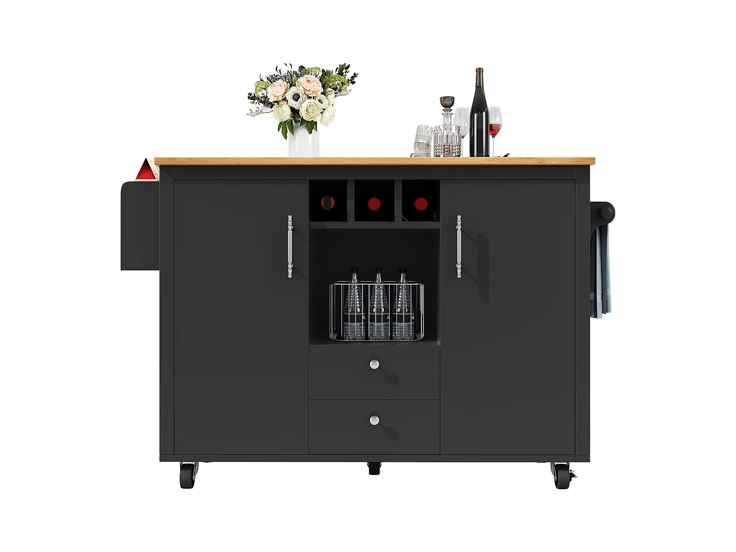 Schwarzer Servierwagen – Servierwagen mit 2 Schubladen und 2 Türen – Gewürzregal und Weinregal – für Esszimmer