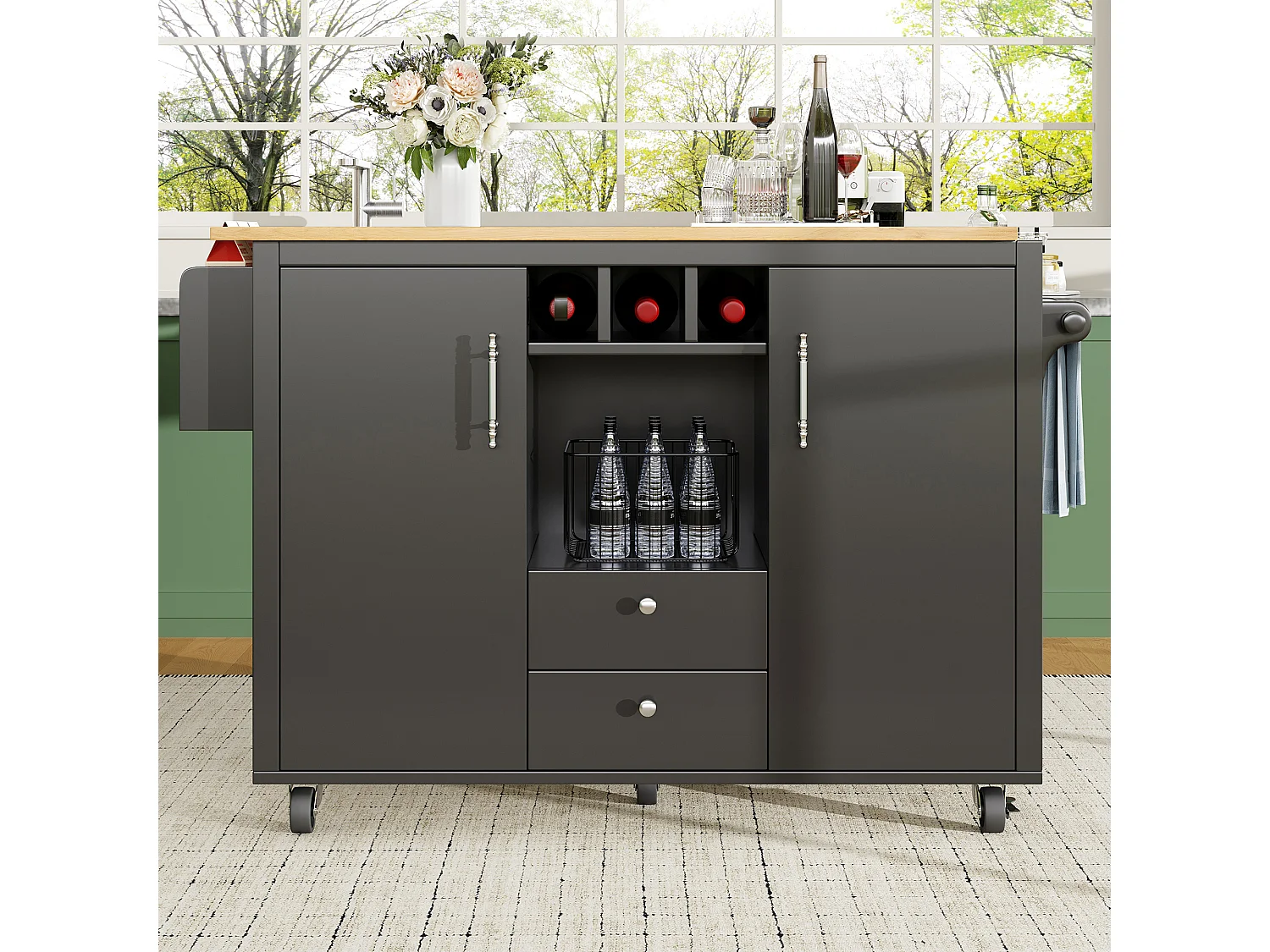 Schwarzer Servierwagen – Servierwagen mit 2 Schubladen und 2 Türen – Gewürzregal und Weinregal – für Esszimmer