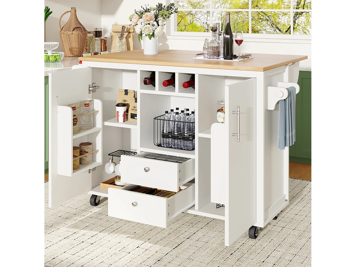 Desserte blanc - Desserte avec 2 tiroirs et 2 portes - étagère à épices et casier à vin - pour salle à manger