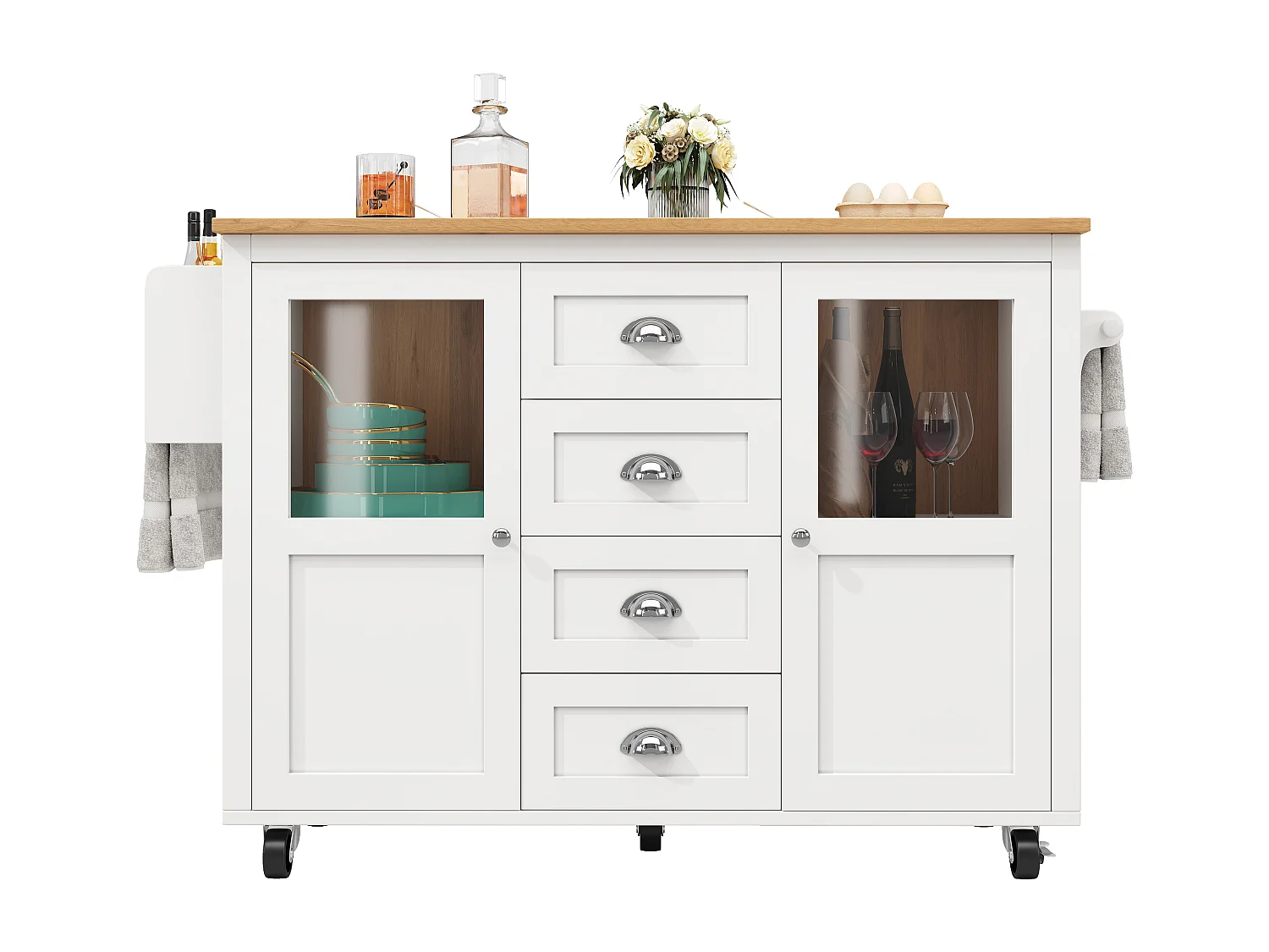 Desserte blanc - Desserte avec 4 tiroirs et 2 portes - plateau rétractable et étagère à épices - pour salles à manger et cuisines