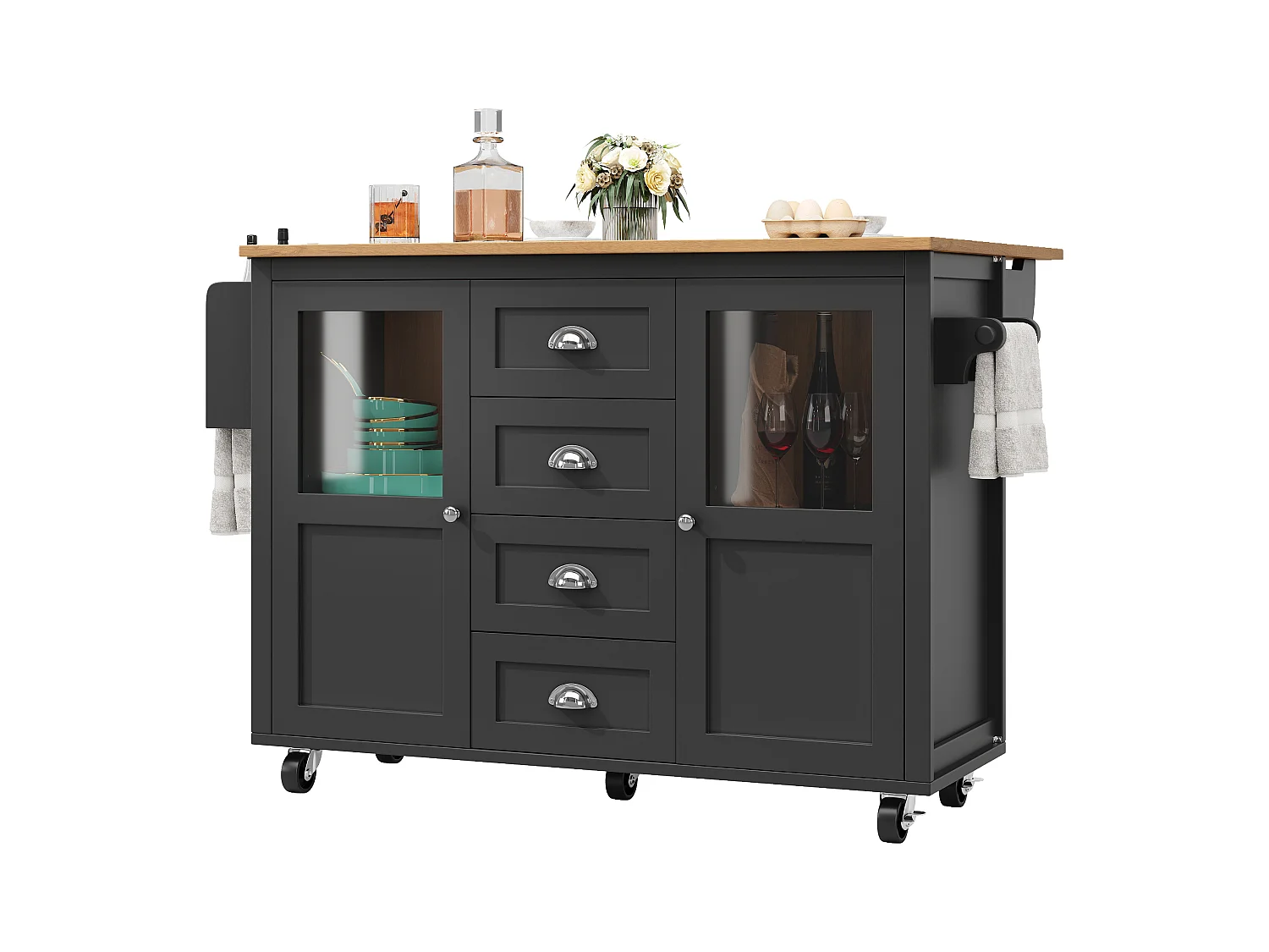 Schwarzer Servierwagen – Servierwagen mit 4 Schubladen und 2 Türen – ausziehbares Tablett und Gewürzregal – für Esszimmer und Küche