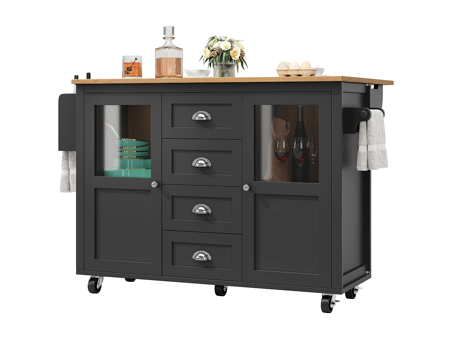 Carrito de servicio negro - Carrito de servicio con 4 cajones y 2 puertas - Bandeja retráctil y especiero - para comedores y cocinas